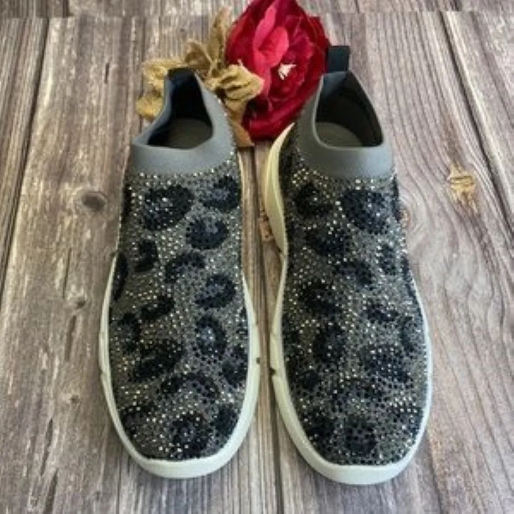 INC Kalama Black/Grey Black Rhinestone Stretch Wedge Sneaker 8M