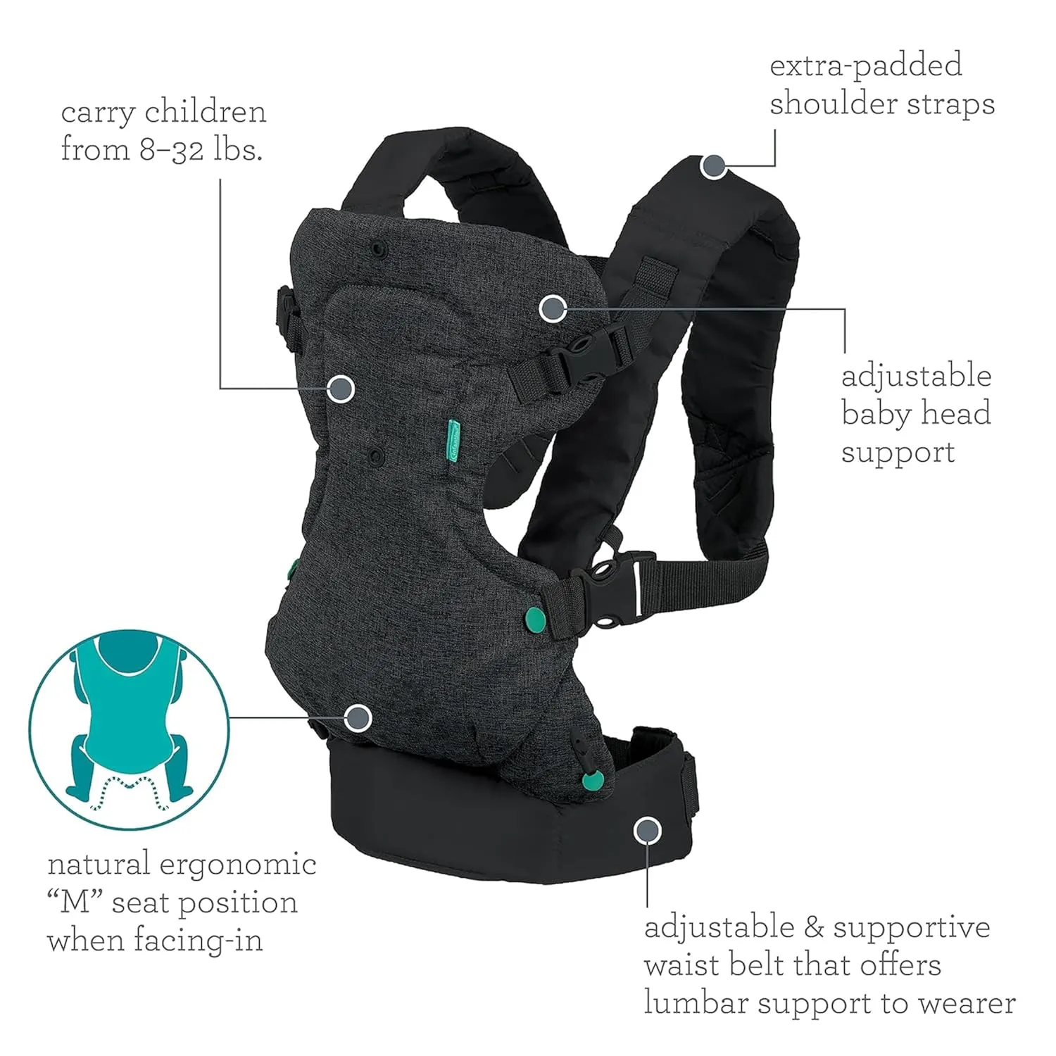 Infantino Flip Advanced 4-in-1 Baby Carrier - Ergonomic, Convertible, Face-in and Face-Out Front and Back Baby Carrier for Newborn to Toddler 8-32 lbs, Black