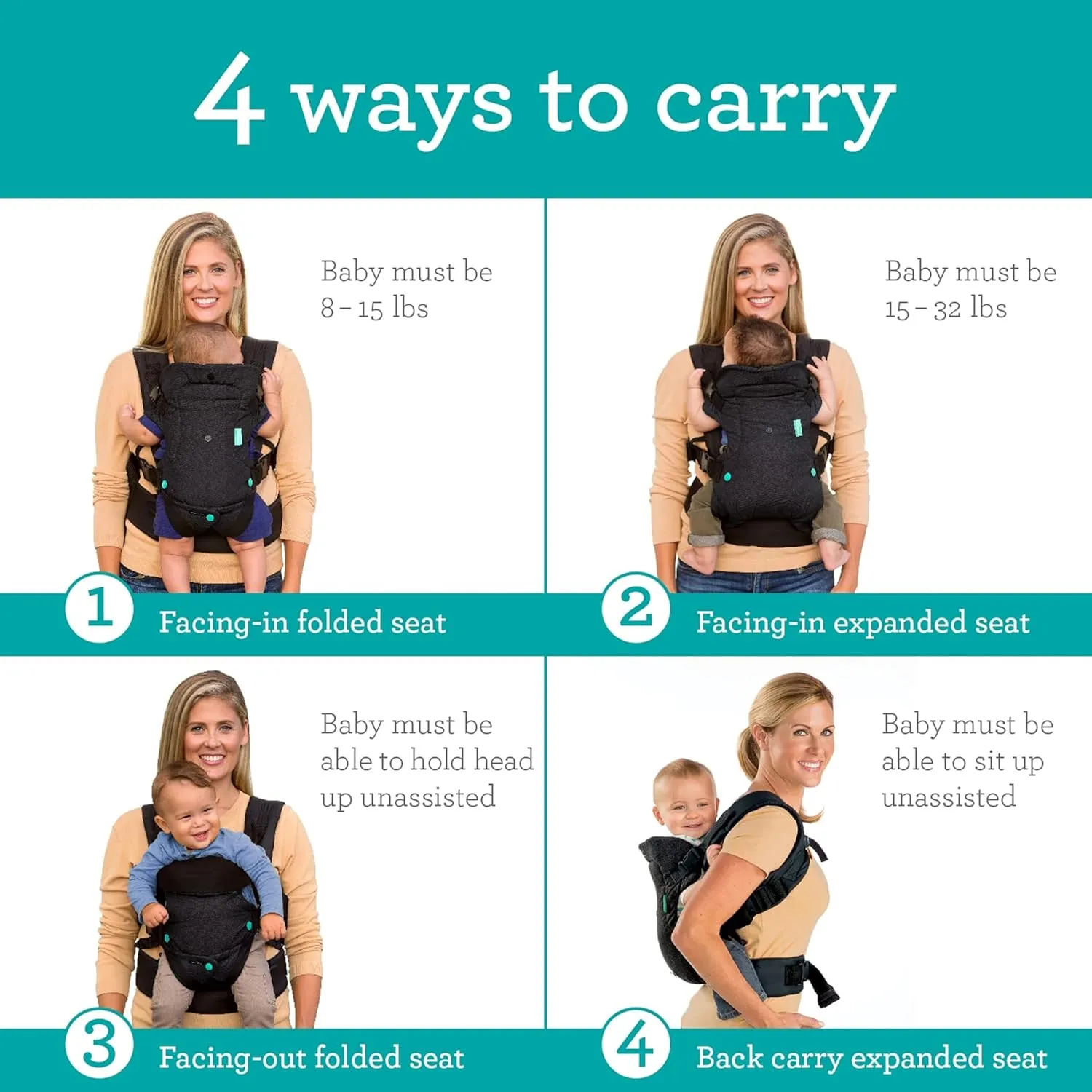 Infantino Flip Advanced 4-in-1 Baby Carrier - Ergonomic, Convertible, Face-in and Face-Out Front and Back Baby Carrier for Newborn to Toddler 8-32 lbs, Black