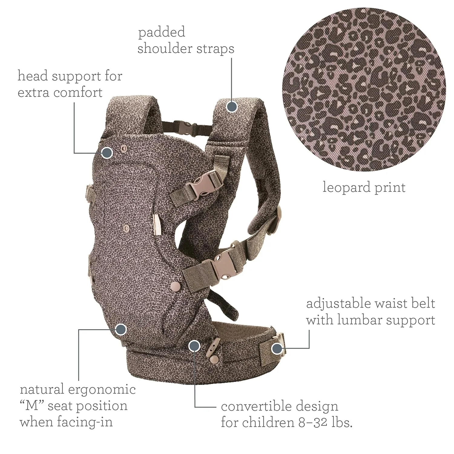 Infantino Flip Advanced 4-in-1 Baby Carrier - Ergonomic, Convertible, Face-in and Face-Out Front and Back Baby Carrier for Newborn to Toddler 8-32 lbs, Leopard