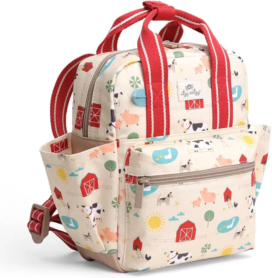 Itzy Ritzy Toddler Backpack - Daycare Bag - Features Adjustable Shoulder Straps, 2 Side Pockets & Spacious Interior with Wipeable Fabric Lining & Name Label, Farm Backpack