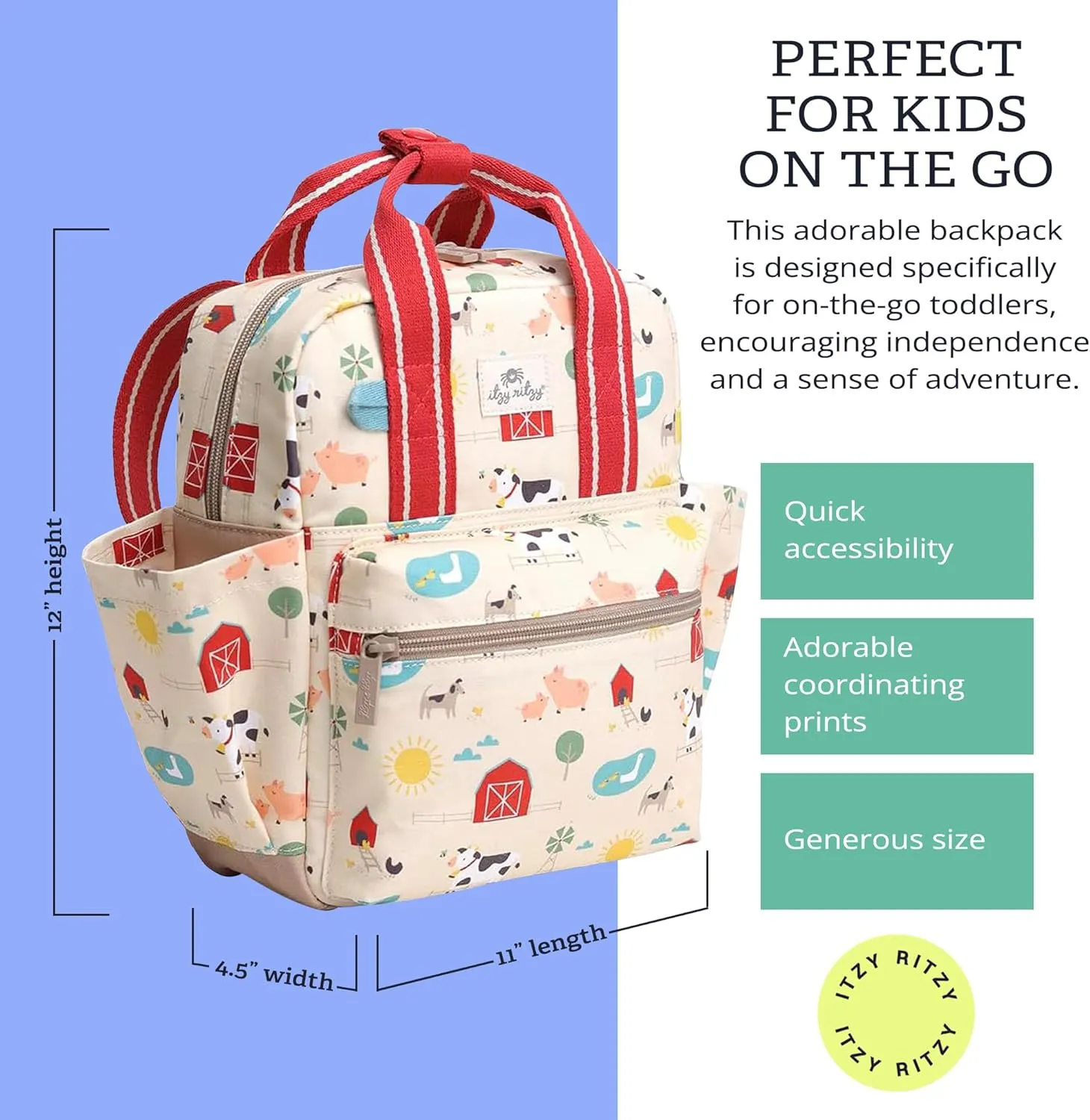 Itzy Ritzy Toddler Backpack - Daycare Bag - Features Adjustable Shoulder Straps, 2 Side Pockets & Spacious Interior with Wipeable Fabric Lining & Name Label, Farm Backpack