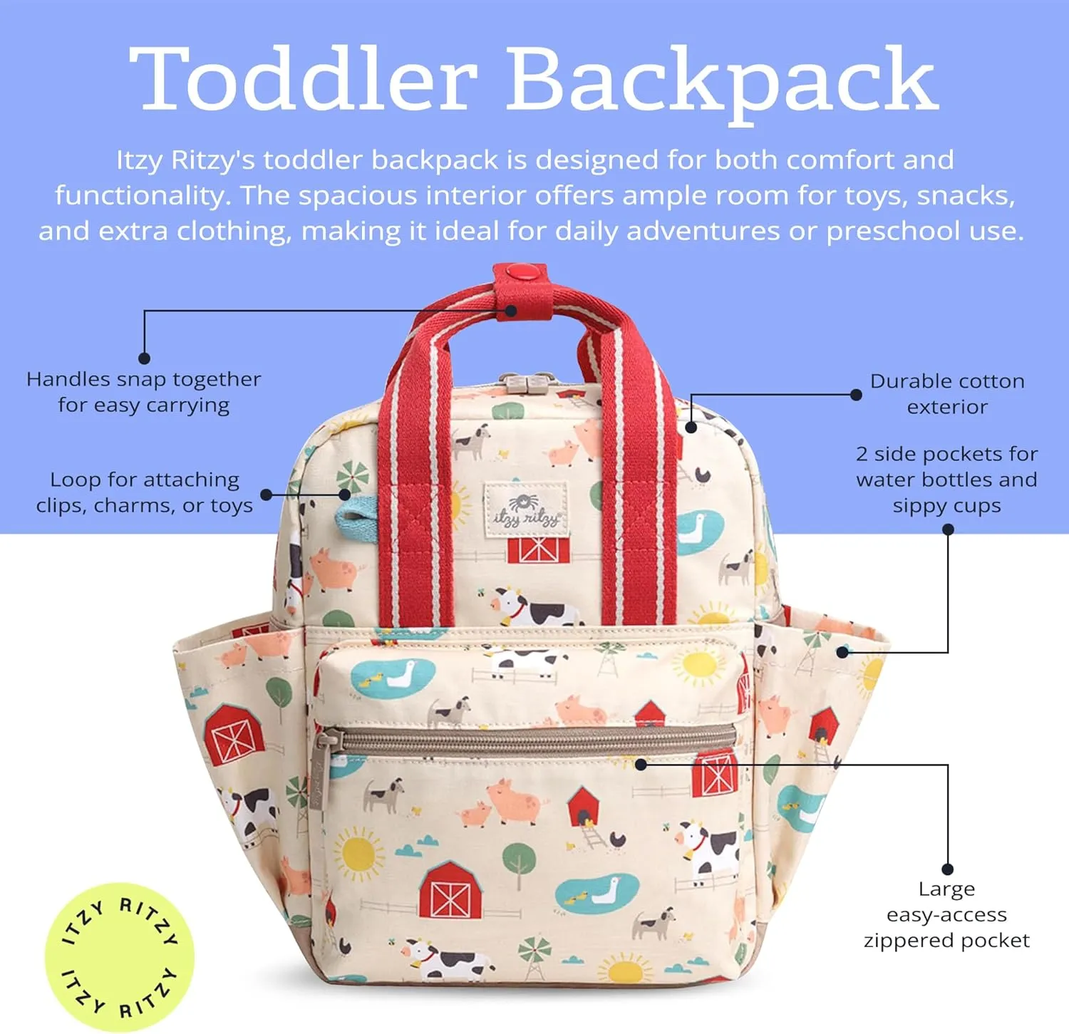 Itzy Ritzy Toddler Backpack - Daycare Bag - Features Adjustable Shoulder Straps, 2 Side Pockets & Spacious Interior with Wipeable Fabric Lining & Name Label, Farm Backpack