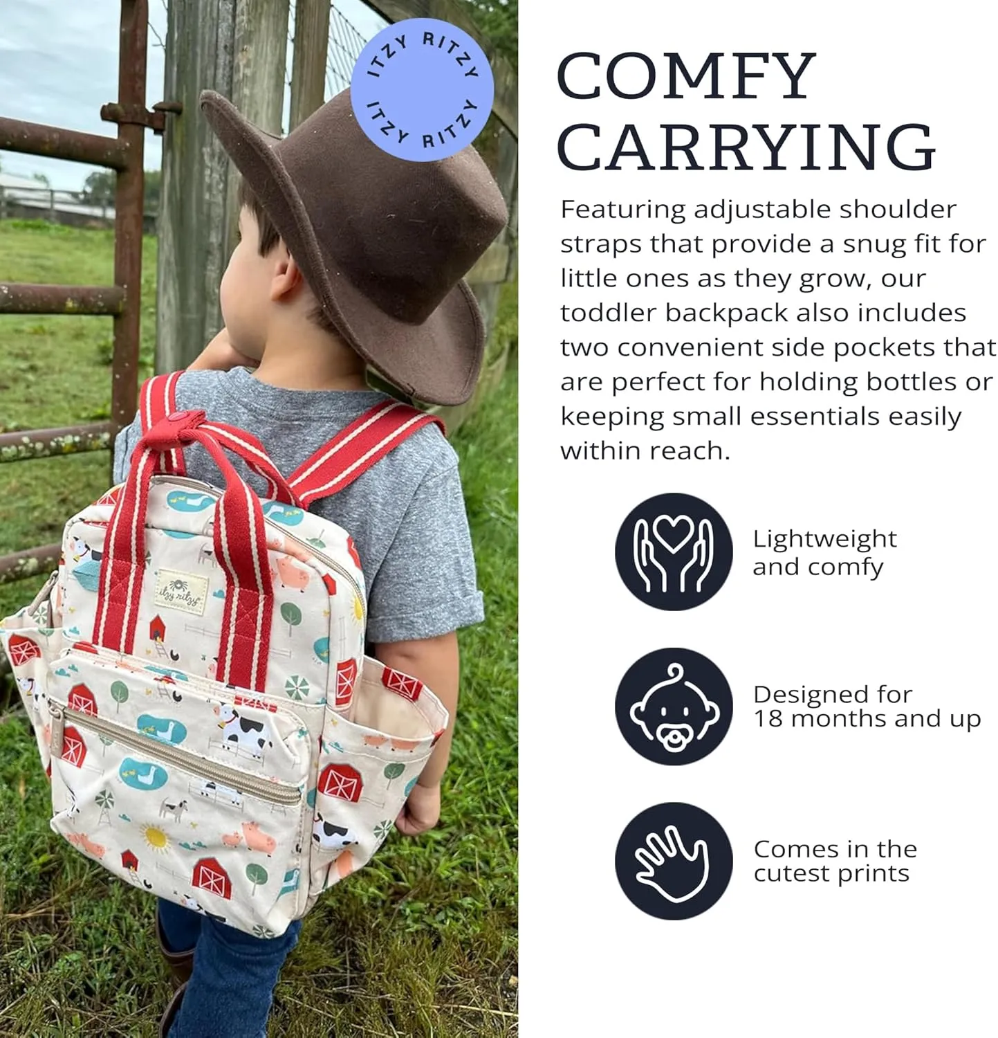 Itzy Ritzy Toddler Backpack - Daycare Bag - Features Adjustable Shoulder Straps, 2 Side Pockets & Spacious Interior with Wipeable Fabric Lining & Name Label, Farm Backpack