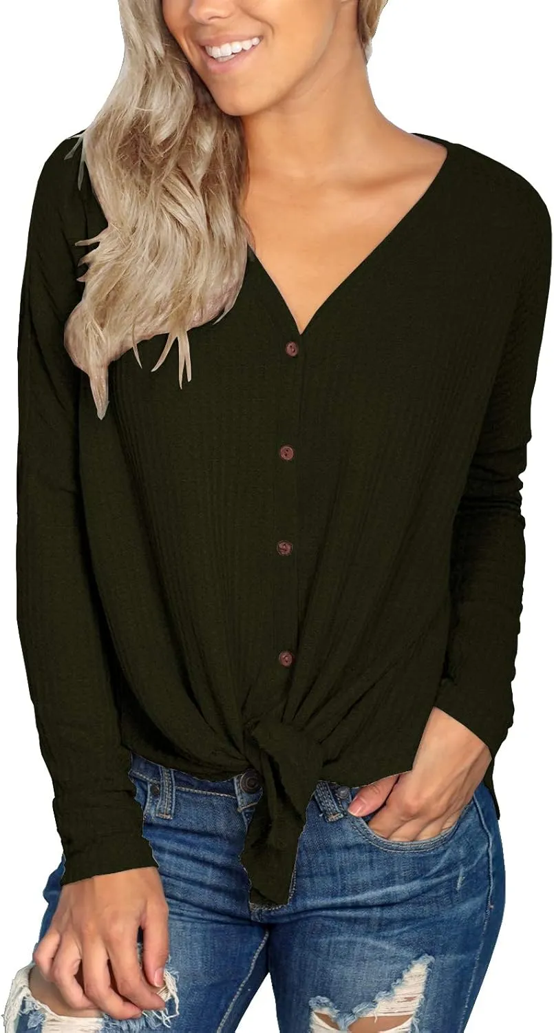 IWOLLENCE Women's Waffle Knit Tunic Blouse Tie Knot Henley Tops Loose Fitting Bat Wing Plain Shirts