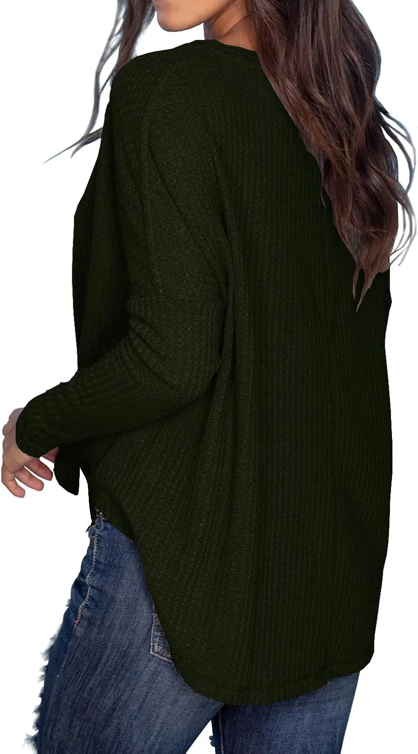 IWOLLENCE Women's Waffle Knit Tunic Blouse Tie Knot Henley Tops Loose Fitting Bat Wing Plain Shirts