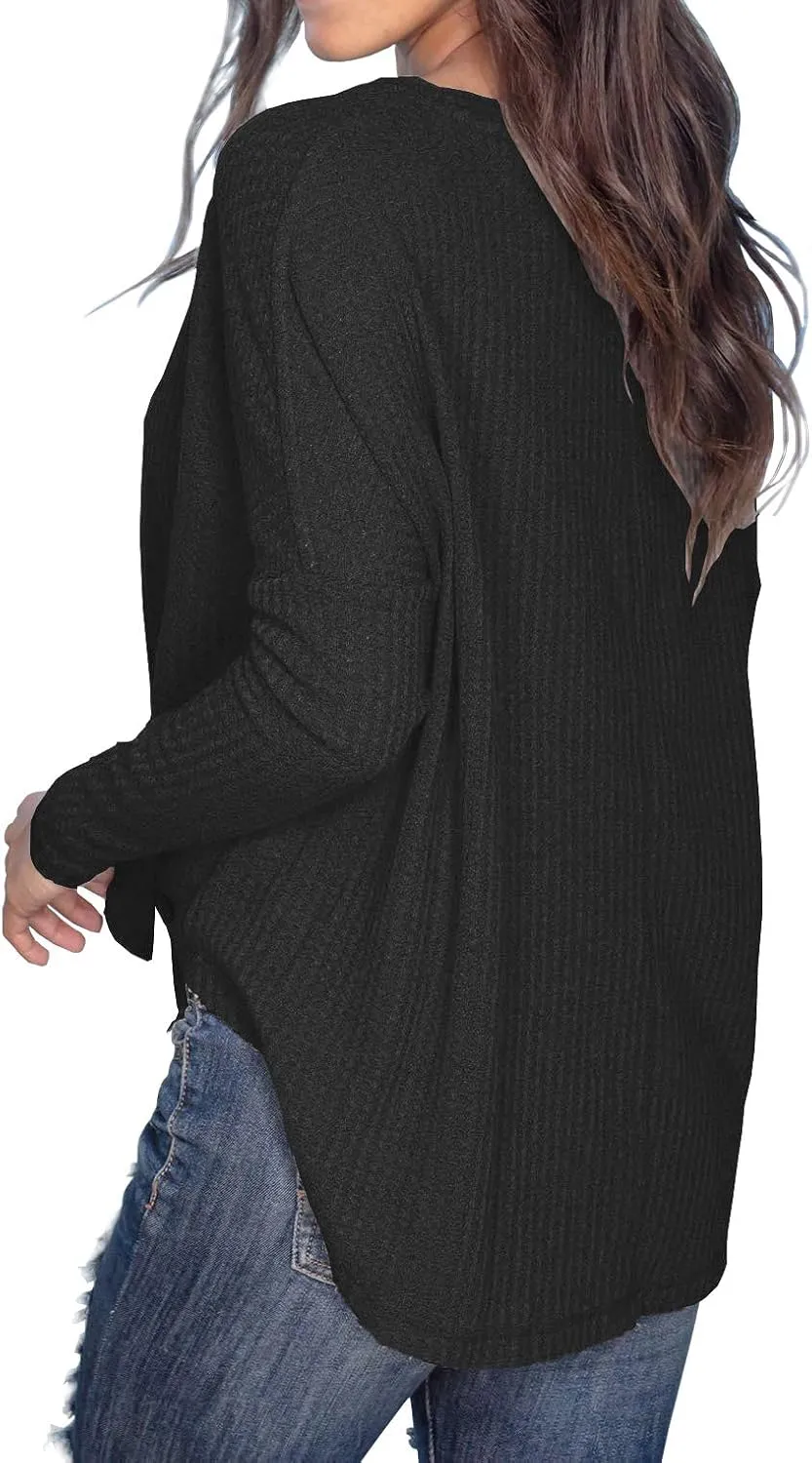 IWOLLENCE Women's Waffle Knit Tunic Blouse Tie Knot Henley Tops Loose Fitting Bat Wing Plain Shirts