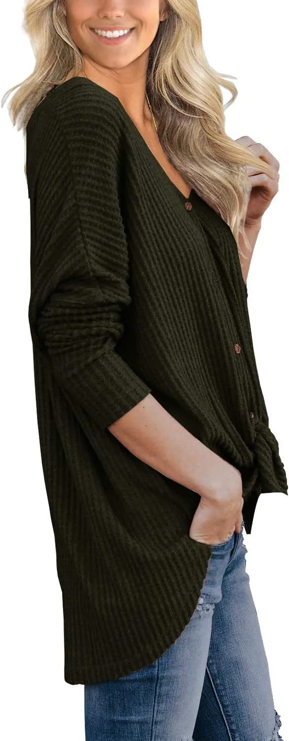 IWOLLENCE Women's Waffle Knit Tunic Blouse Tie Knot Henley Tops Loose Fitting Bat Wing Plain Shirts
