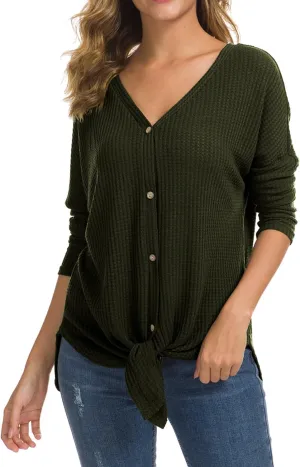IWOLLENCE Women's Waffle Knit Tunic Blouse Tie Knot Henley Tops Loose Fitting Bat Wing Plain Shirts