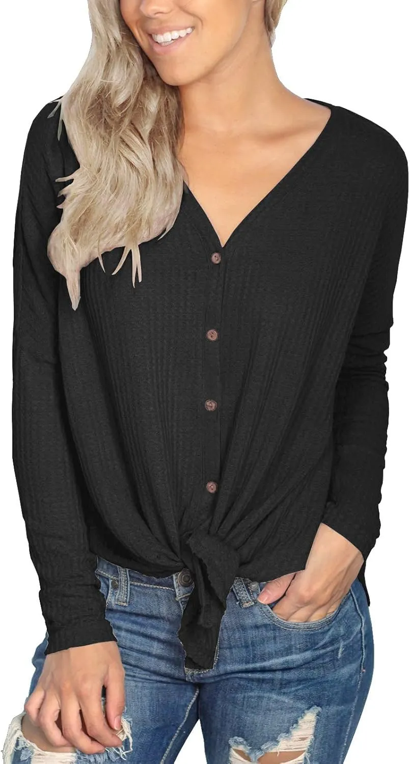 IWOLLENCE Women's Waffle Knit Tunic Blouse Tie Knot Henley Tops Loose Fitting Bat Wing Plain Shirts