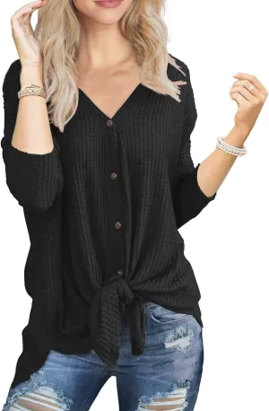 IWOLLENCE Women's Waffle Knit Tunic Blouse Tie Knot Henley Tops Loose Fitting Bat Wing Plain Shirts