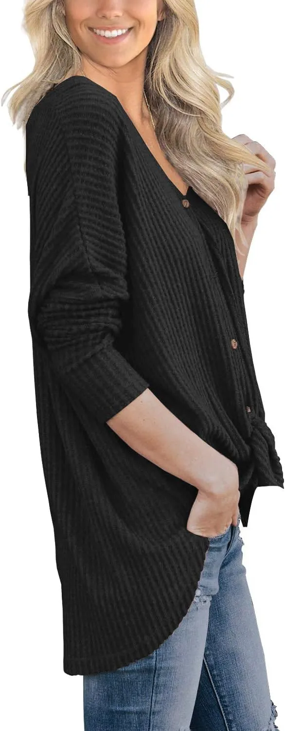 IWOLLENCE Women's Waffle Knit Tunic Blouse Tie Knot Henley Tops Loose Fitting Bat Wing Plain Shirts