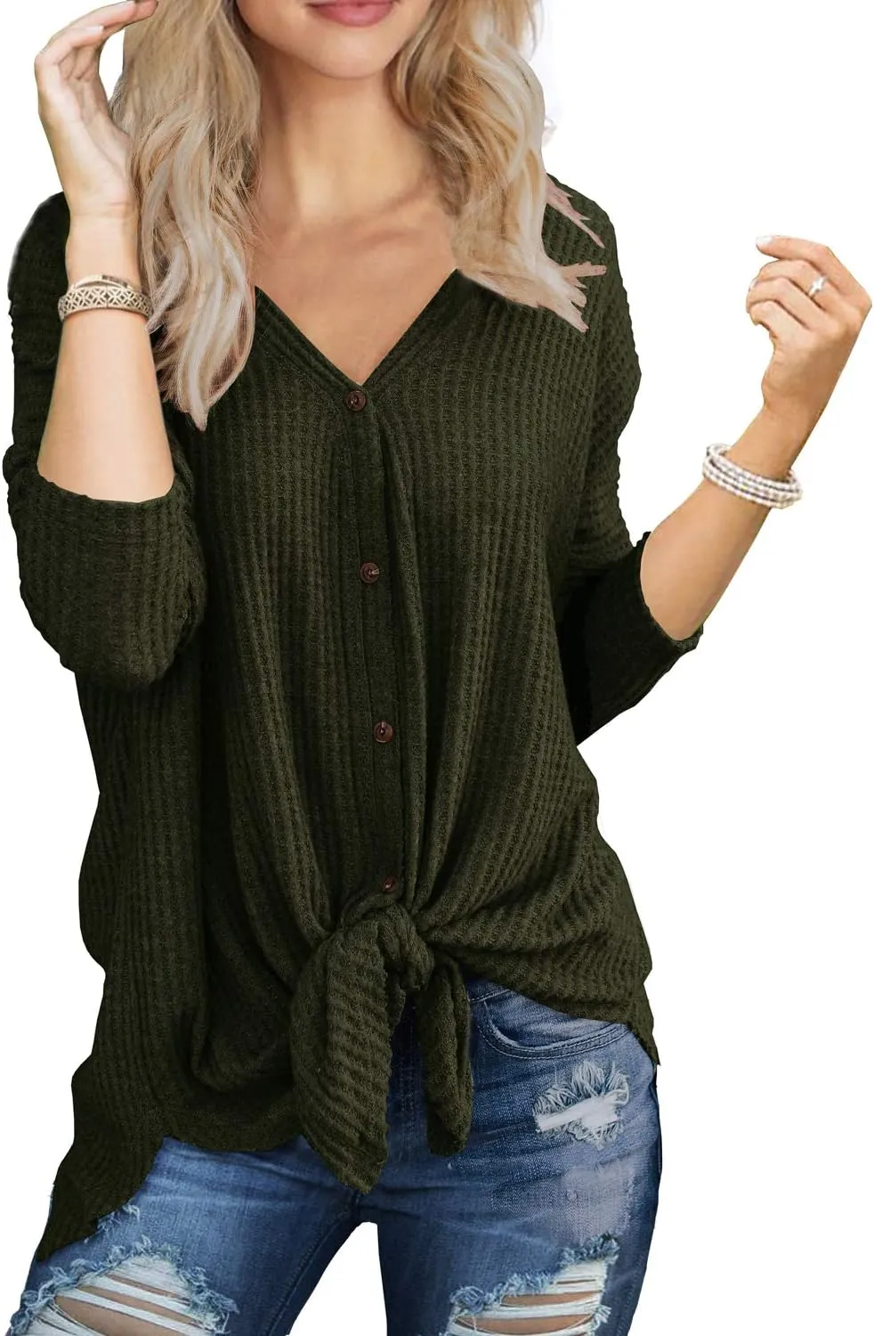 IWOLLENCE Women's Waffle Knit Tunic Blouse Tie Knot Henley Tops Loose Fitting Bat Wing Plain Shirts