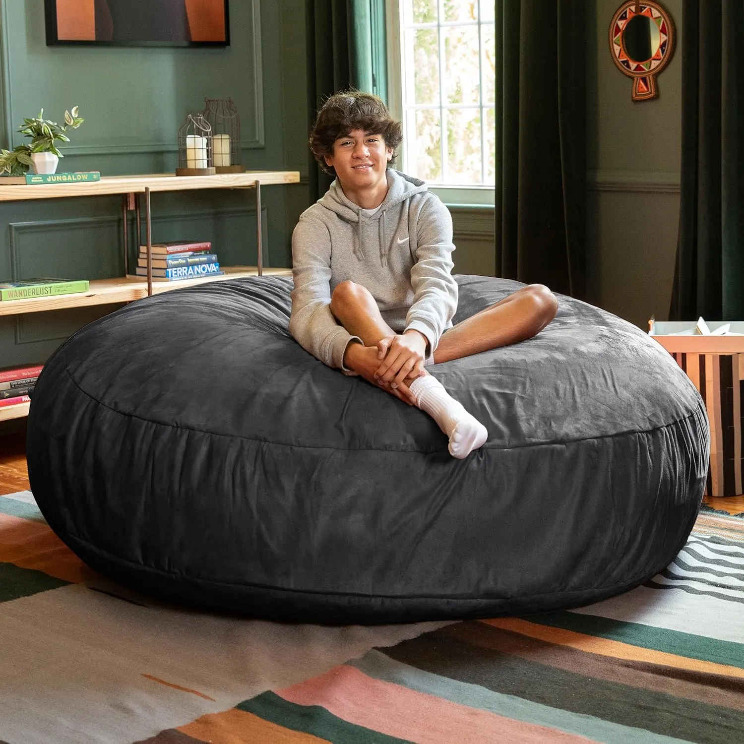 Jaxx 6 Foot Cocoon - 2-in-1 Convertible Bean Bag Bed & Large Bean Bag Chair for Adults, Black