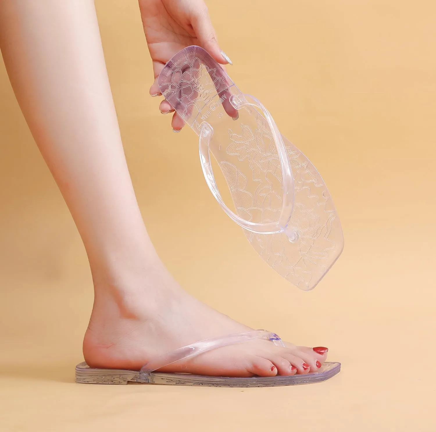 Jelly Sandals for Womens Flip Flops Thong Flat Jellies Shoes Clear Square Slides Size 10 Summer Beach Slipper Durable Quick Drying Soft
