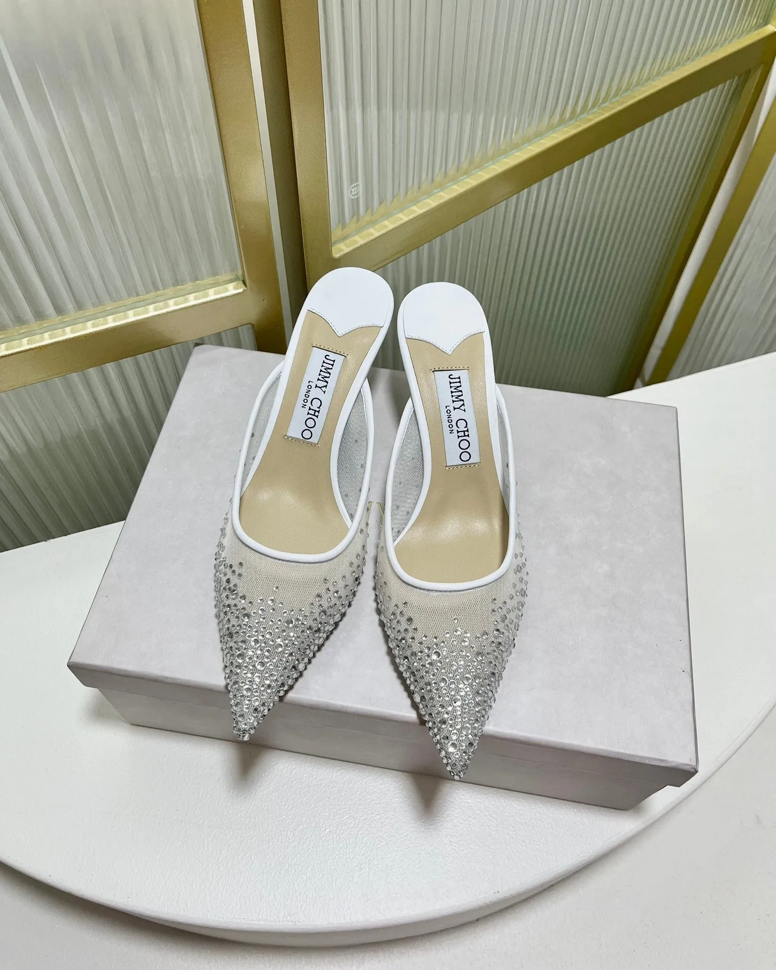 Jimmy Mule 65mm In White Mesh Fabric With Swarovski Crystal 597885