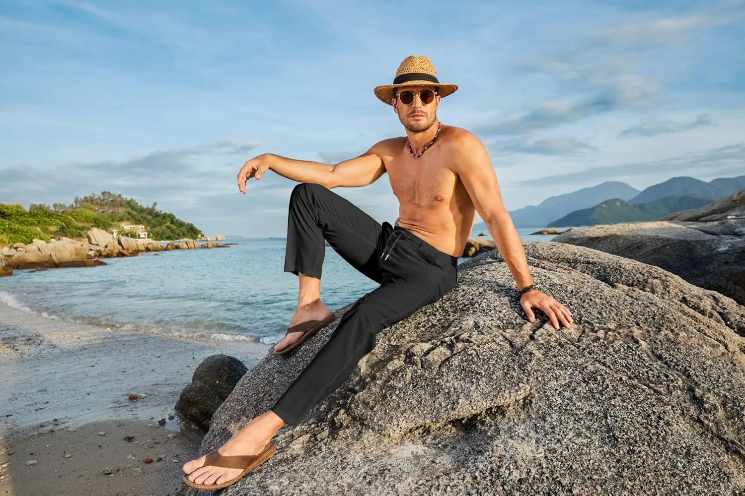 JMIERR Men's Casual Drawstring Pants Elastic Waist Lightweight Pant Summer Beach Trouser with Pockets