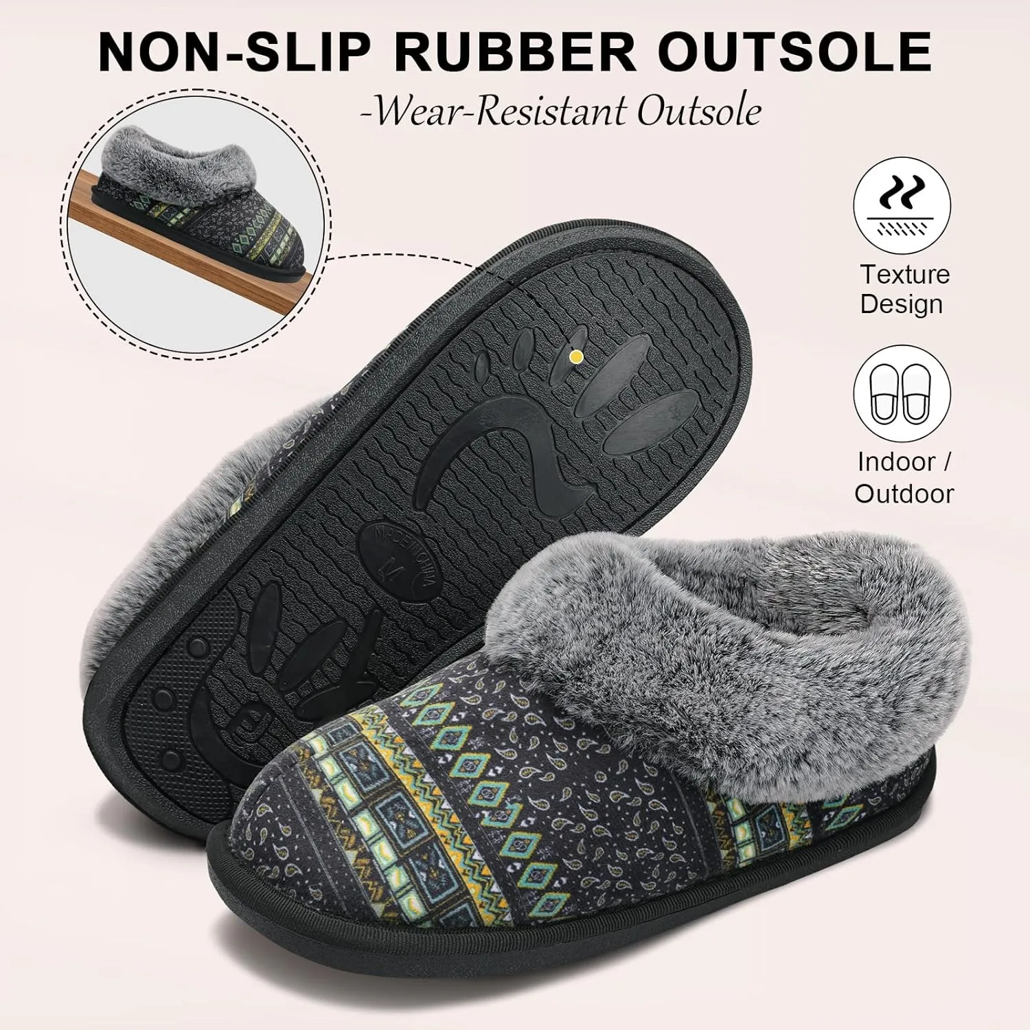 JOINFREE Women's Slippers Fuzzy House Shoes with Memory Foam Slip-on Comfy Bedroom Slippers Indoor Outdoor Shoes with Warm Faux Fur Collar