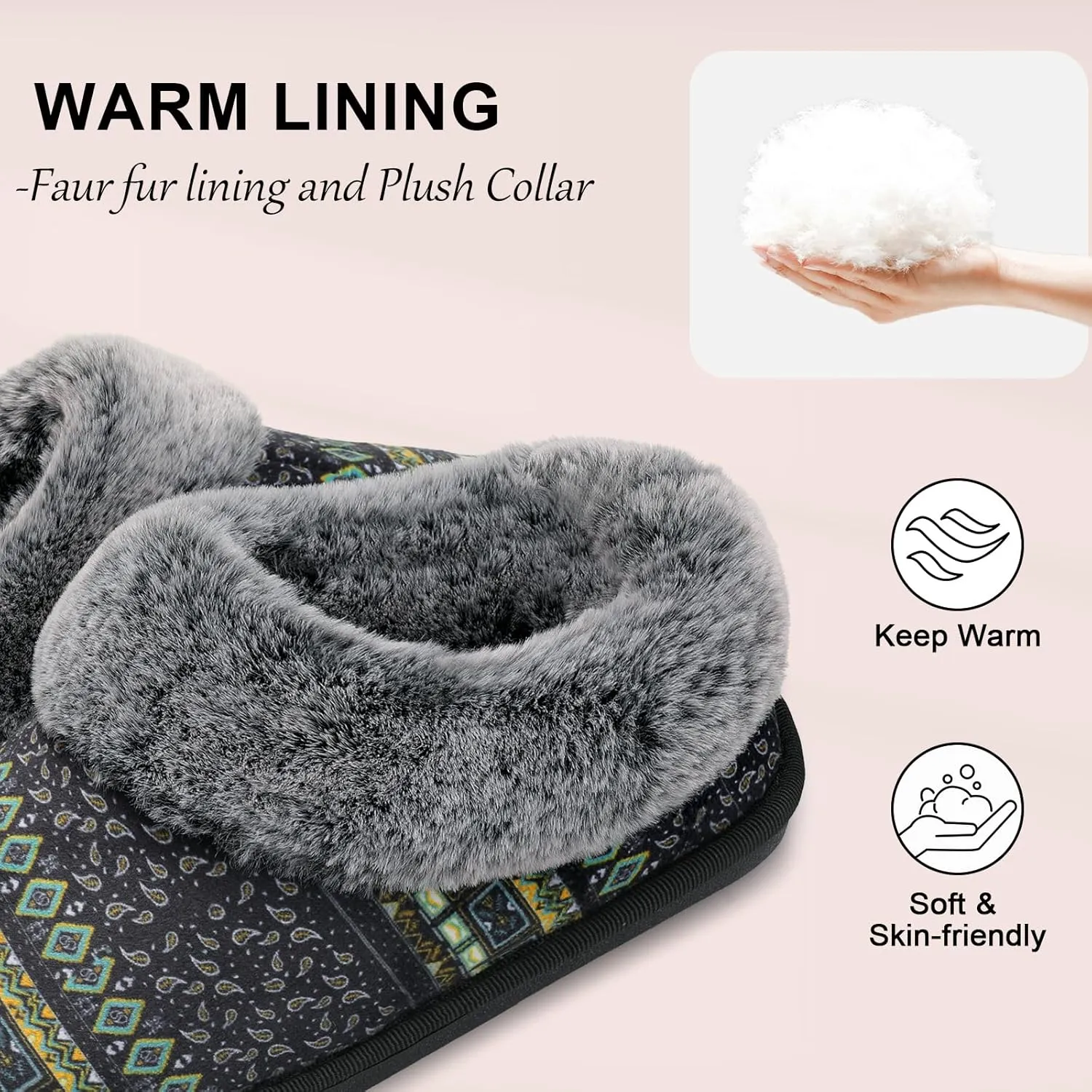 JOINFREE Women's Slippers Fuzzy House Shoes with Memory Foam Slip-on Comfy Bedroom Slippers Indoor Outdoor Shoes with Warm Faux Fur Collar