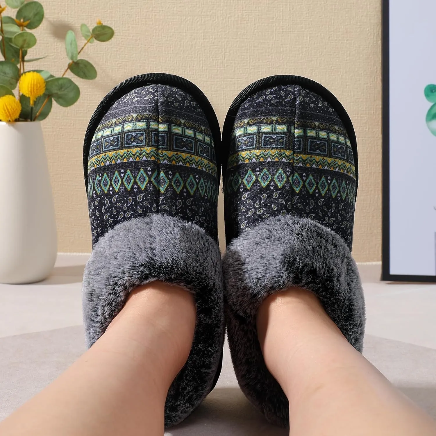 JOINFREE Women's Slippers Fuzzy House Shoes with Memory Foam Slip-on Comfy Bedroom Slippers Indoor Outdoor Shoes with Warm Faux Fur Collar