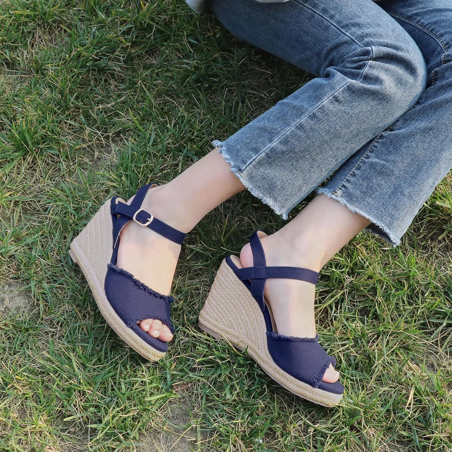 JOY IN LOVE Platform Wedge Sandals for Women 4IN Espadrille Wedge Heels Ankle Strap Sandals