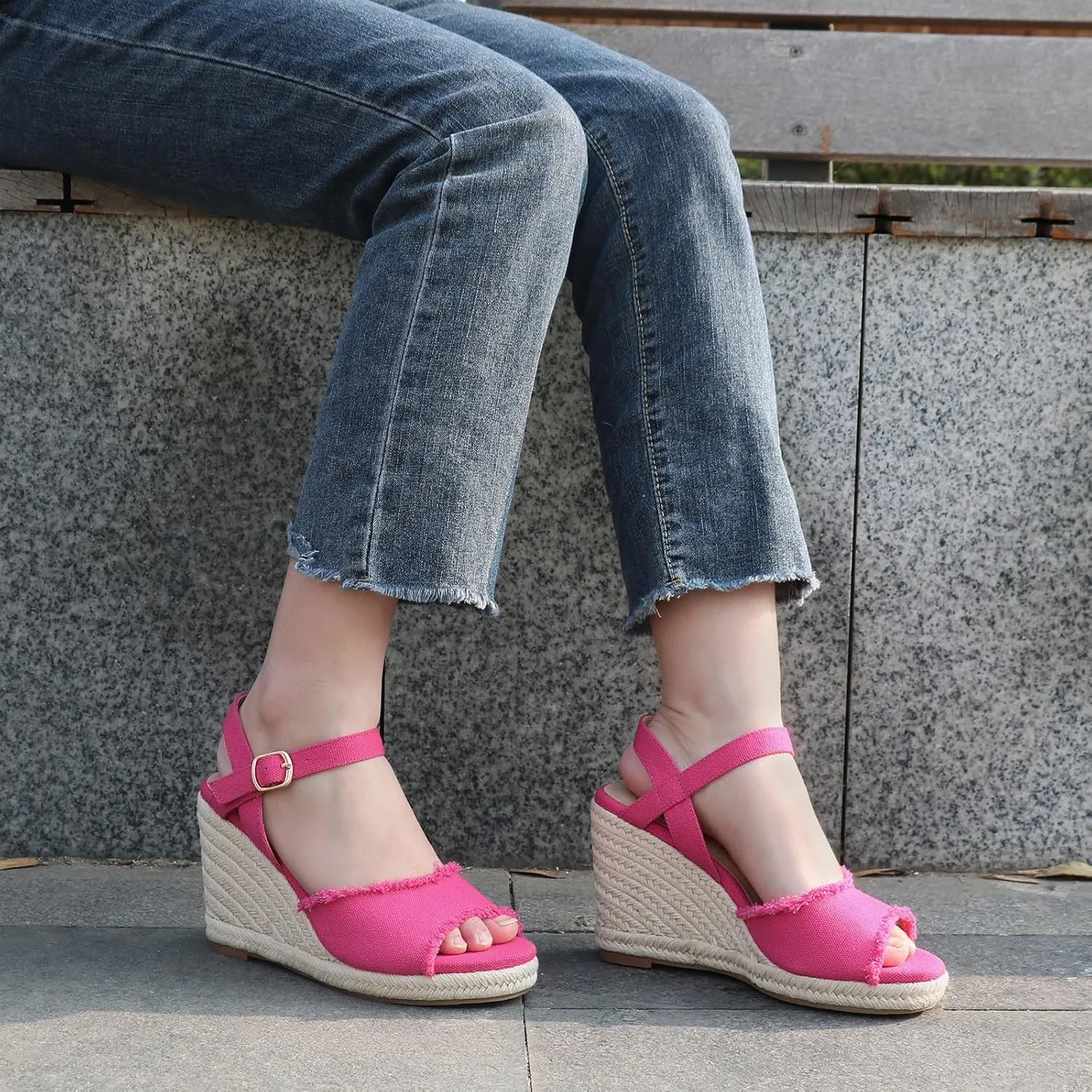 JOY IN LOVE Platform Wedge Sandals for Women 4IN Espadrille Wedge Heels Ankle Strap Sandals
