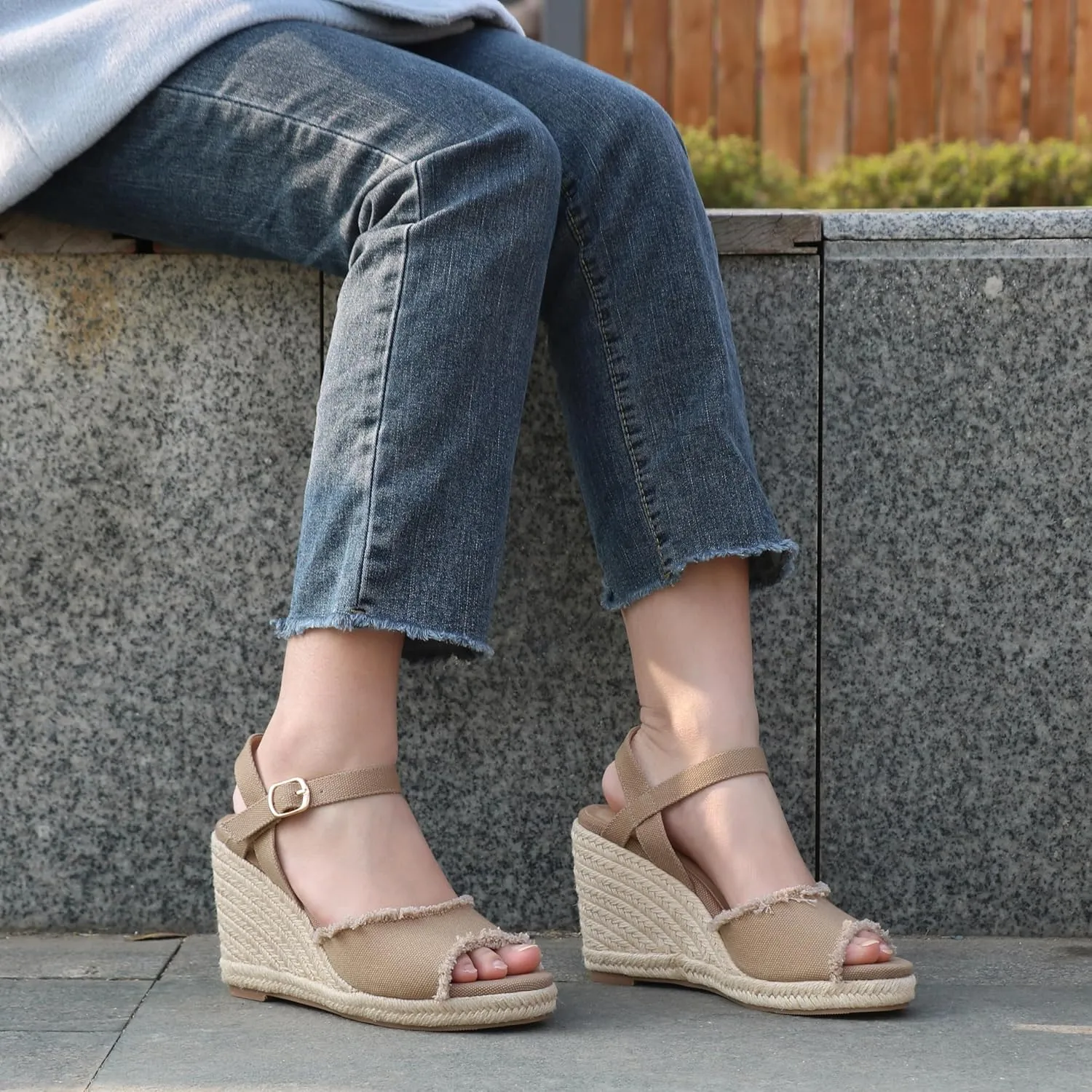 JOY IN LOVE Platform Wedge Sandals for Women 4IN Espadrille Wedge Heels Ankle Strap Sandals