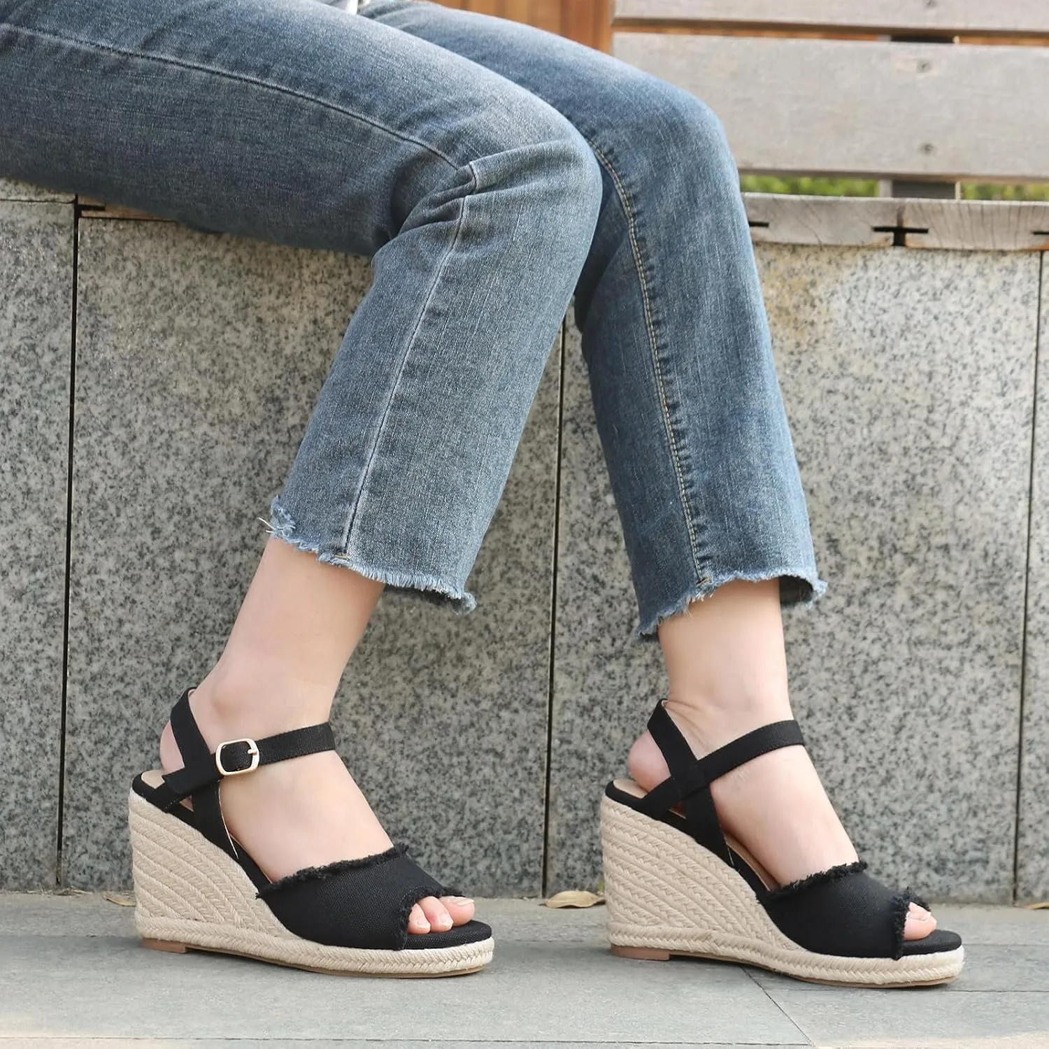 JOY IN LOVE Platform Wedge Sandals for Women 4IN Espadrille Wedge Heels Ankle Strap Sandals