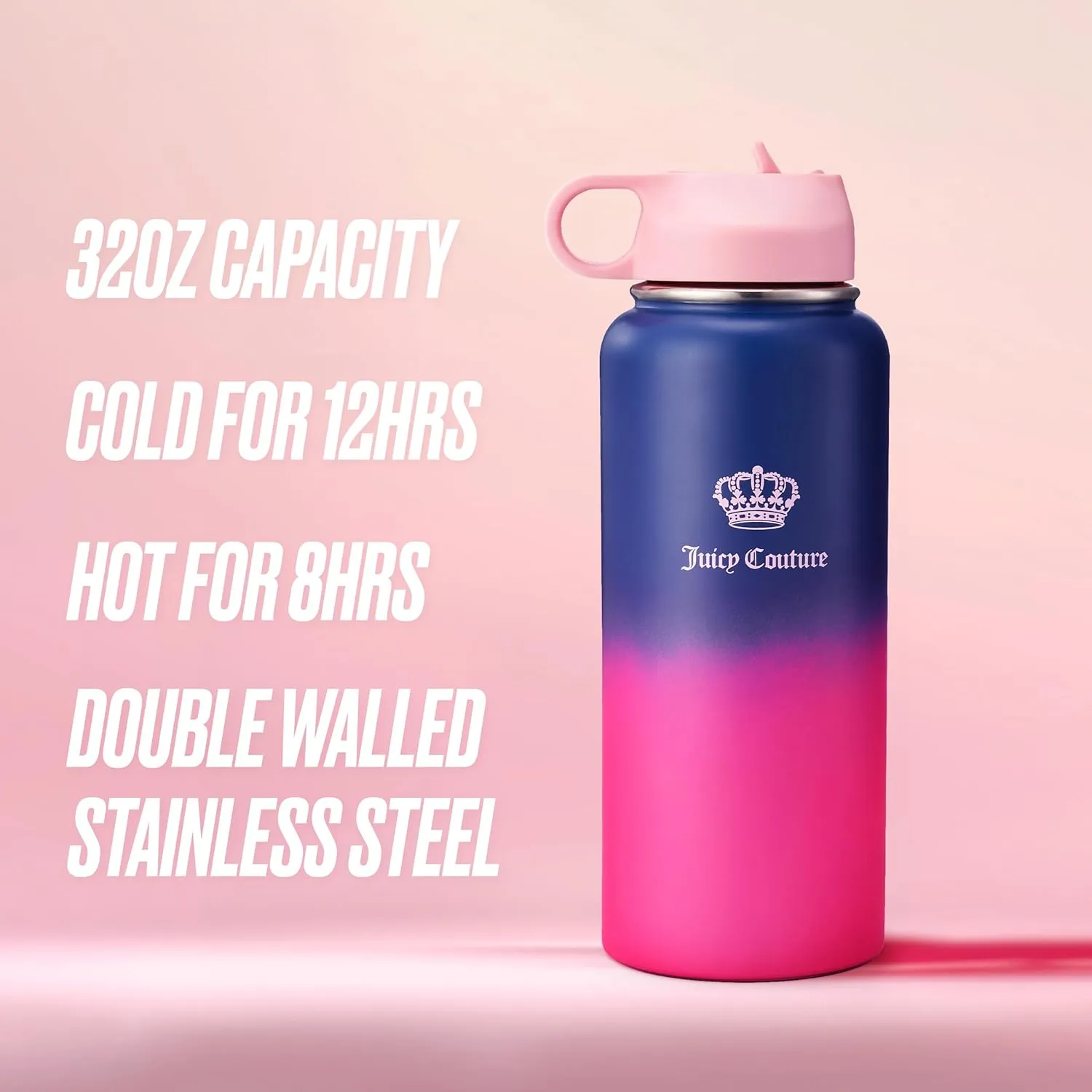 Juicy Couture "Go Girl" Fashion Water Bottle - Navy/Pink - 32oz - Stylish Trendy Hydration Bottle - Fashionable Designer Drinkware for Active Lifestyle