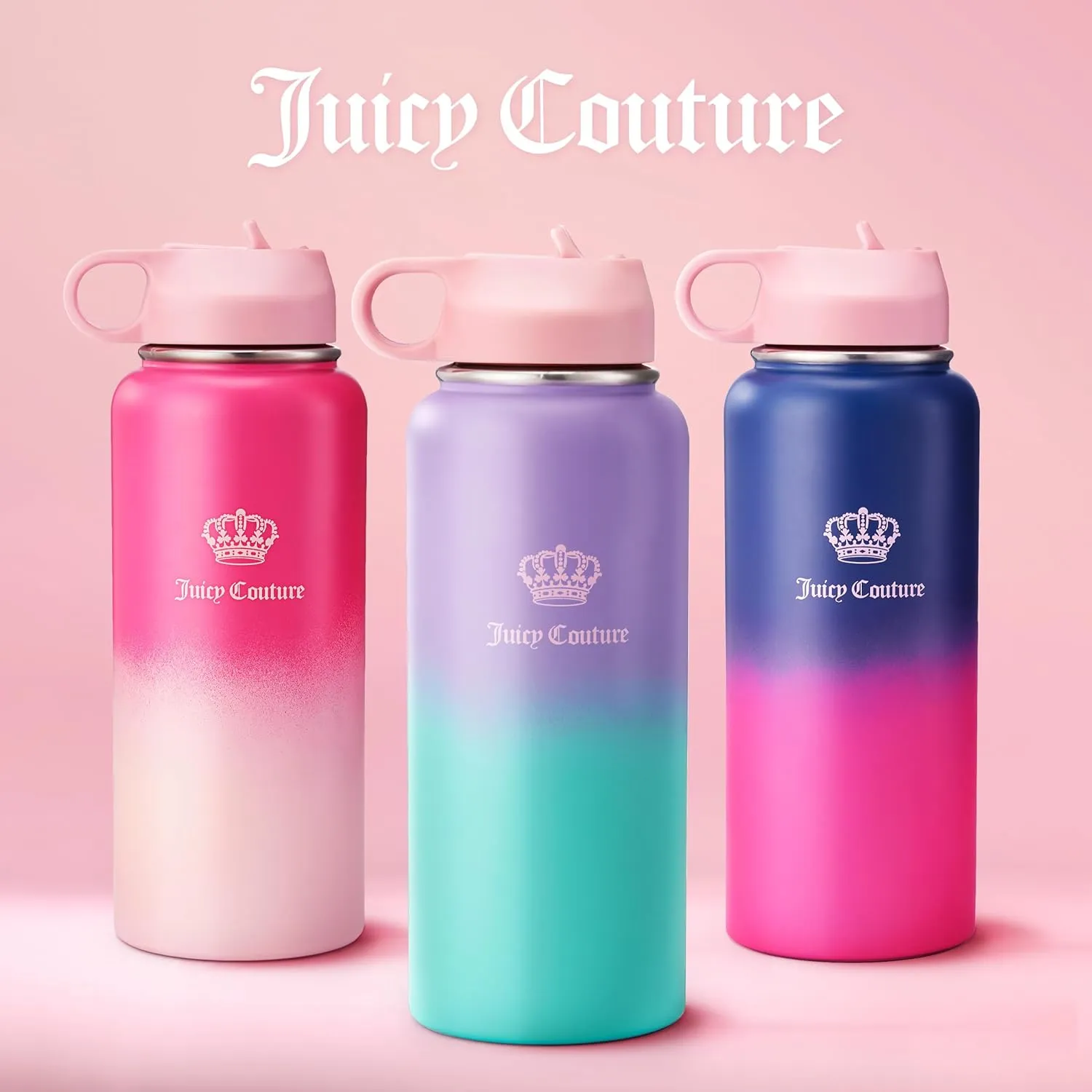 Juicy Couture "Go Girl" Fashion Water Bottle - Navy/Pink - 32oz - Stylish Trendy Hydration Bottle - Fashionable Designer Drinkware for Active Lifestyle