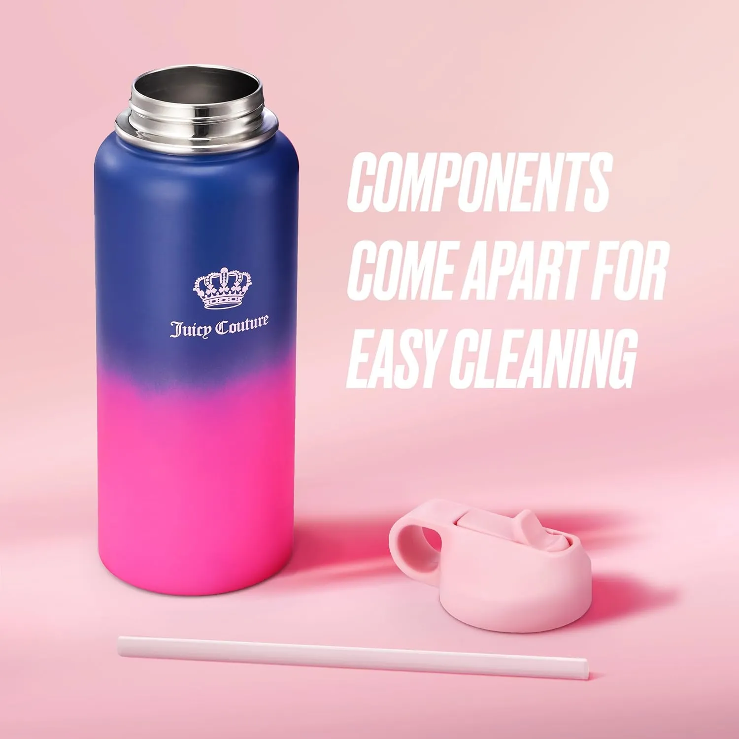Juicy Couture "Go Girl" Fashion Water Bottle - Navy/Pink - 32oz - Stylish Trendy Hydration Bottle - Fashionable Designer Drinkware for Active Lifestyle