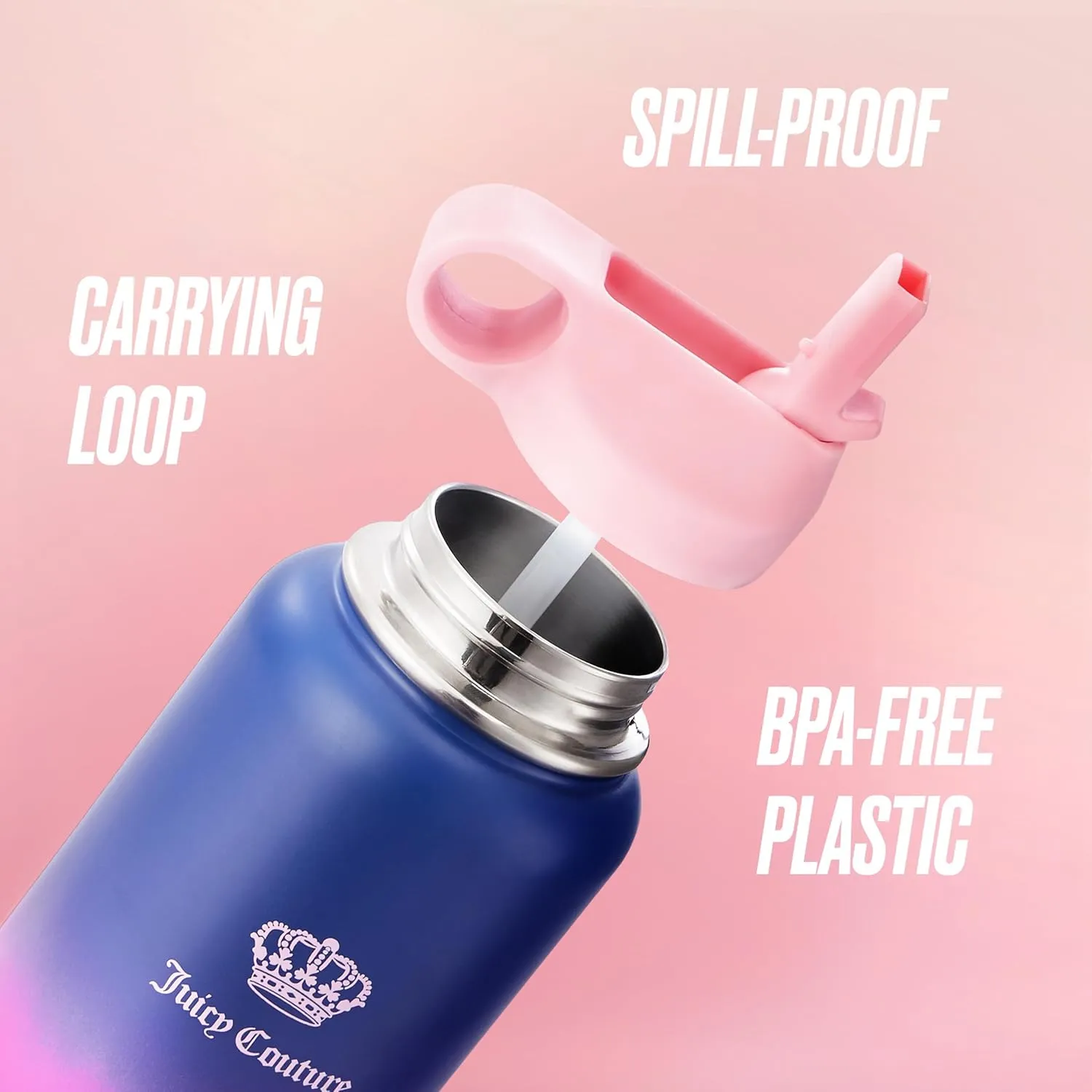 Juicy Couture "Go Girl" Fashion Water Bottle - Navy/Pink - 32oz - Stylish Trendy Hydration Bottle - Fashionable Designer Drinkware for Active Lifestyle