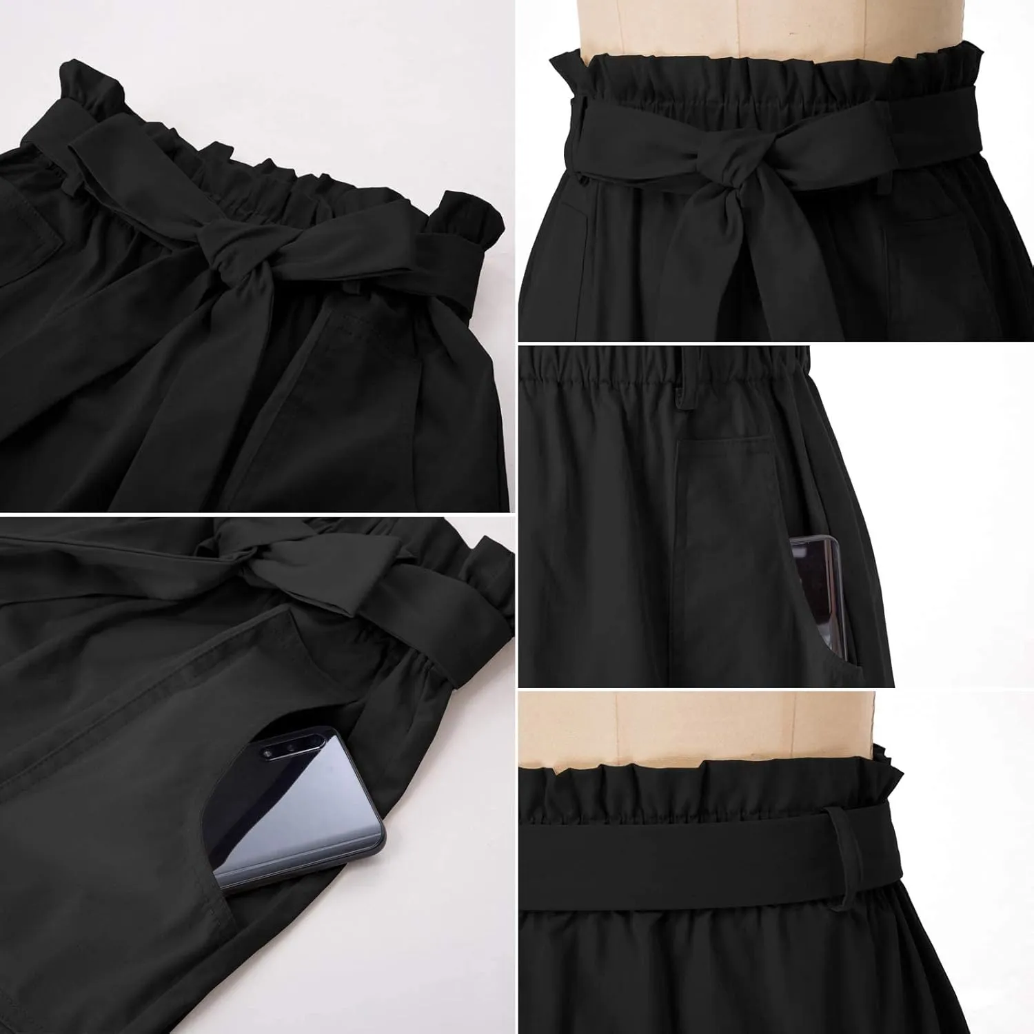 KANCY KOLE Women's Casual High Waist A Line Skirt Paper Bag Elastic Waist Short Skirt with Pockets S-XXL