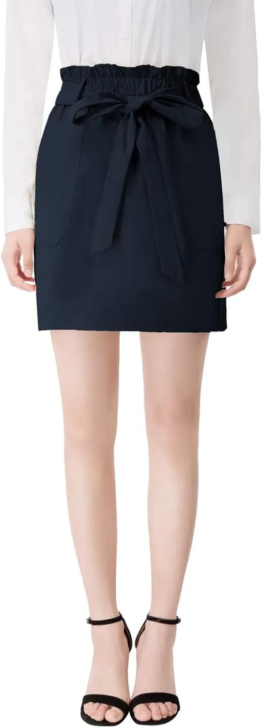 KANCY KOLE Women's Casual High Waist A Line Skirt Paper Bag Elastic Waist Short Skirt with Pockets S-XXL