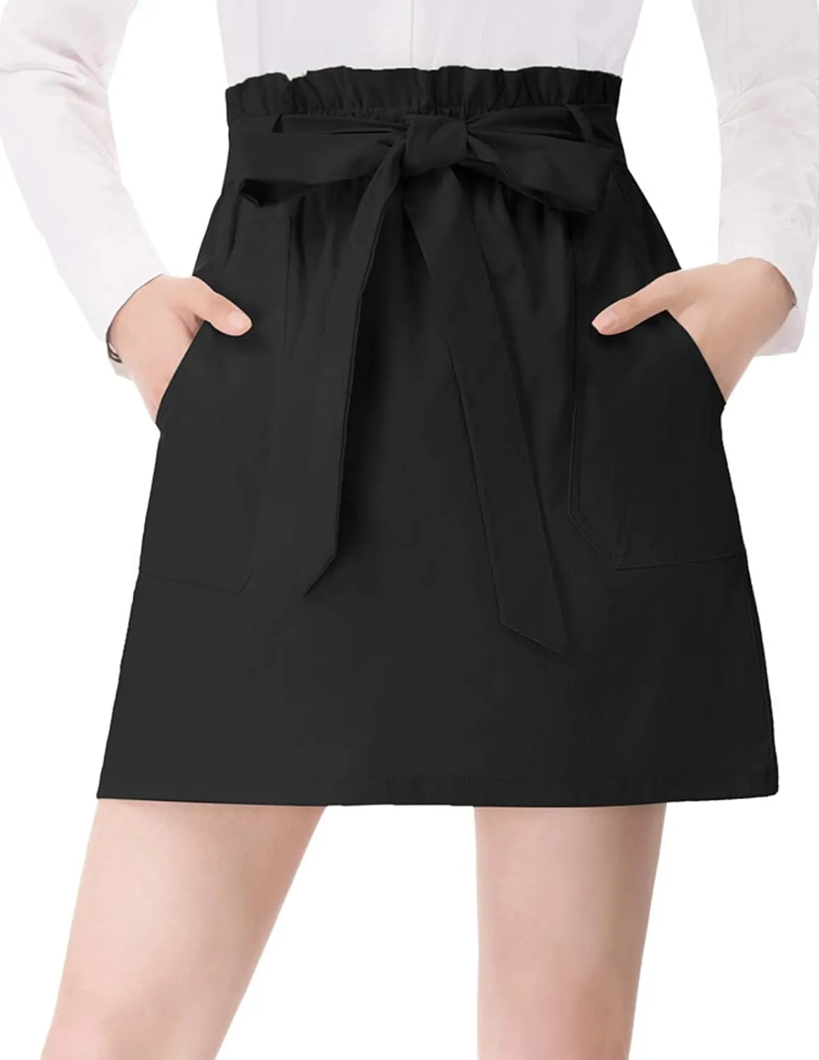 KANCY KOLE Women's Casual High Waist A Line Skirt Paper Bag Elastic Waist Short Skirt with Pockets S-XXL