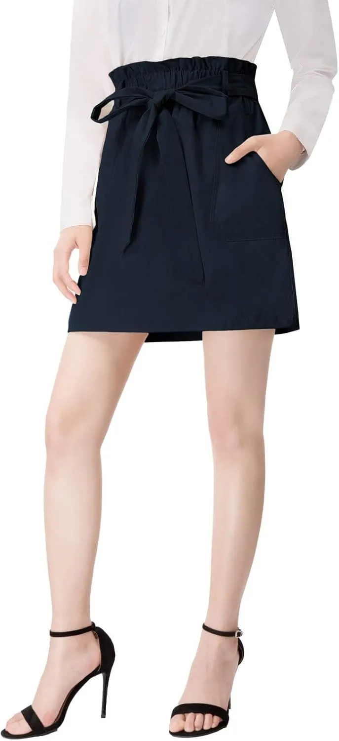 KANCY KOLE Women's Casual High Waist A Line Skirt Paper Bag Elastic Waist Short Skirt with Pockets S-XXL