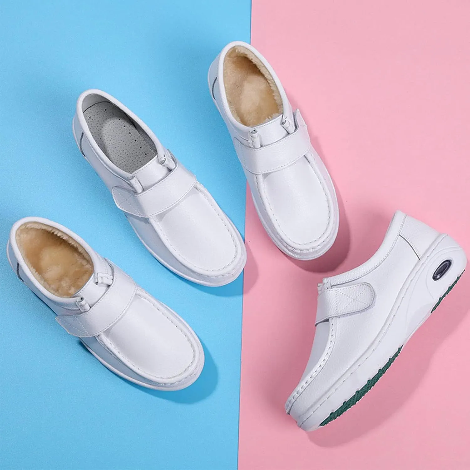 Keilinia Women's White Air Cushion Slip-On Nurse Shoes,Casual Leather Comfy Adjustable Orthopedic Wedge Platform Loafers Sneaker