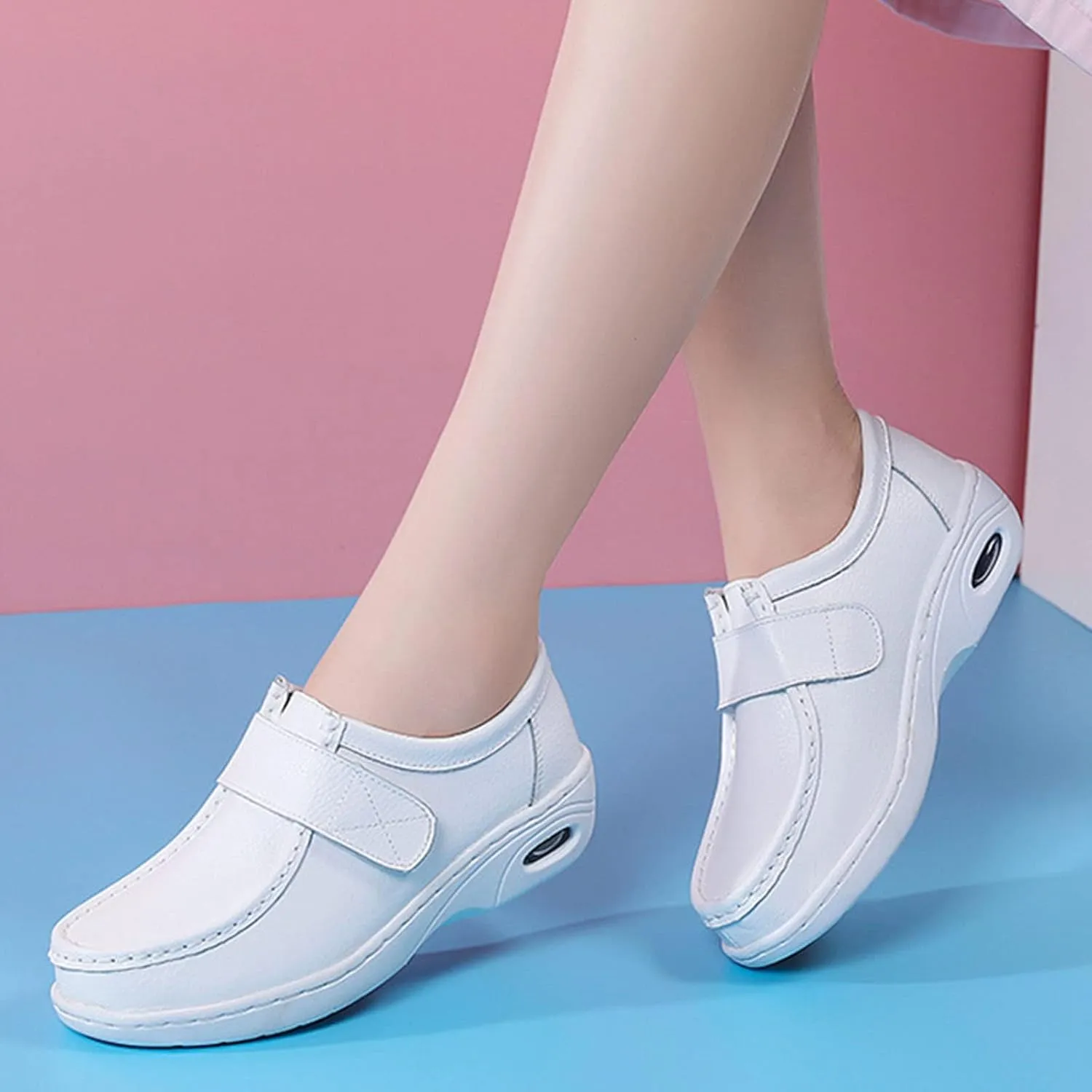 Keilinia Women's White Air Cushion Slip-On Nurse Shoes,Casual Leather Comfy Adjustable Orthopedic Wedge Platform Loafers Sneaker