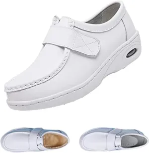Keilinia Women's White Air Cushion Slip-On Nurse Shoes,Casual Leather Comfy Adjustable Orthopedic Wedge Platform Loafers Sneaker