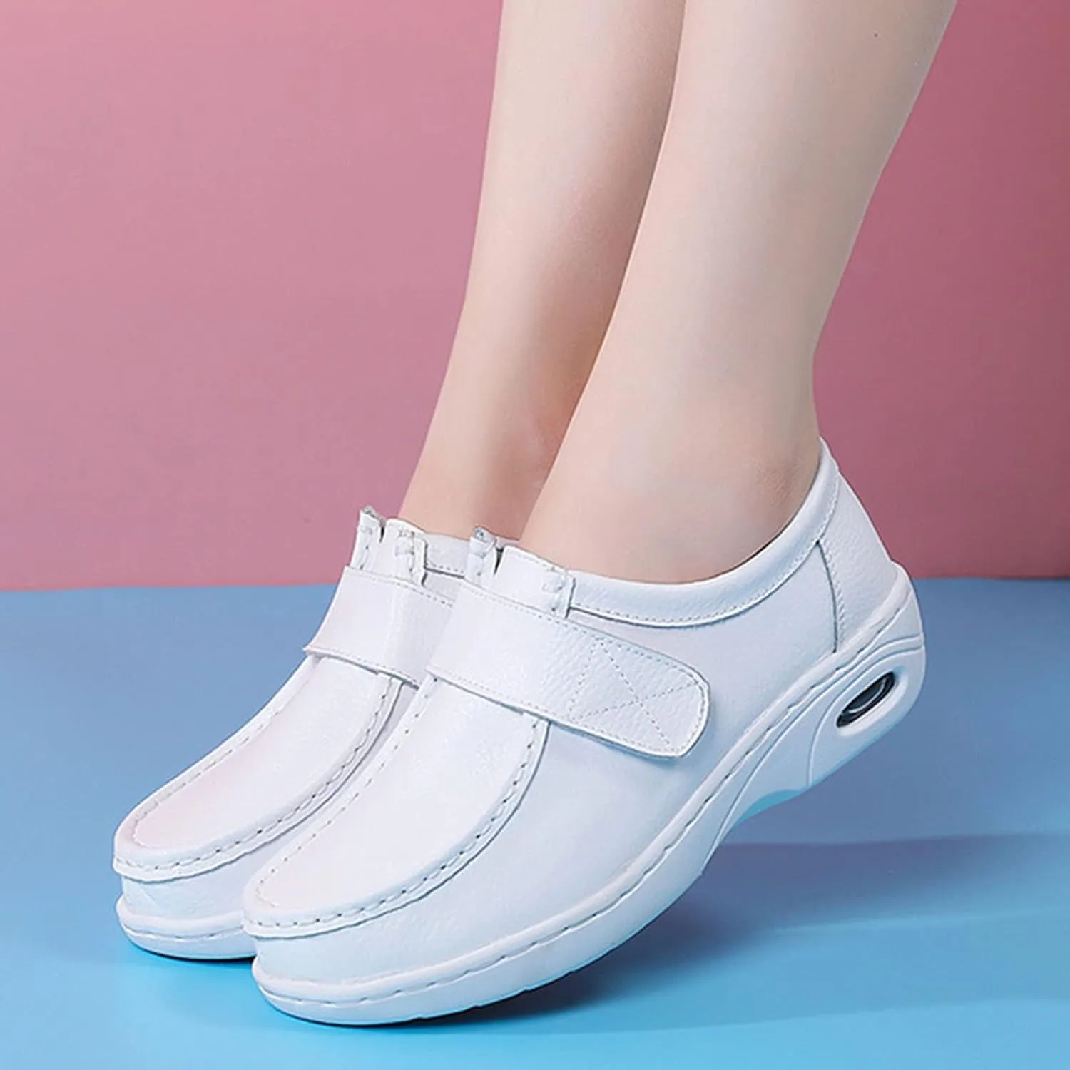 Keilinia Women's White Air Cushion Slip-On Nurse Shoes,Casual Leather Comfy Adjustable Orthopedic Wedge Platform Loafers Sneaker
