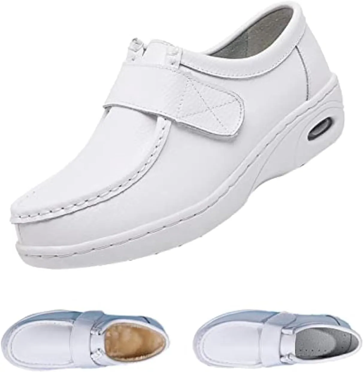 Keilinia Women's White Air Cushion Slip-On Nurse Shoes,Casual Leather Comfy Adjustable Orthopedic Wedge Platform Loafers Sneaker