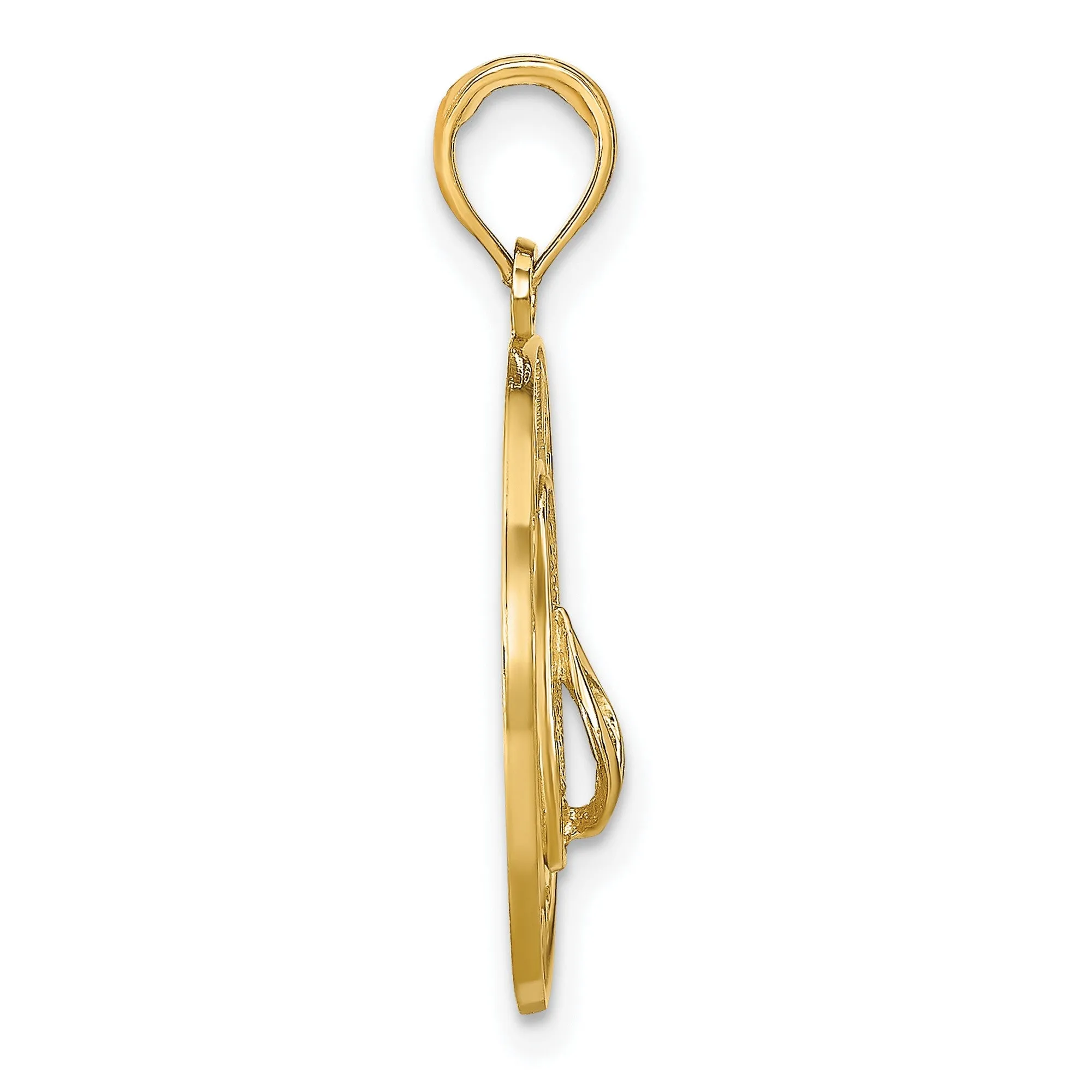 Key West Words with Flip Flop Sandal in Round Penny Size Charm Pendant in Real 14k Yellow Gold