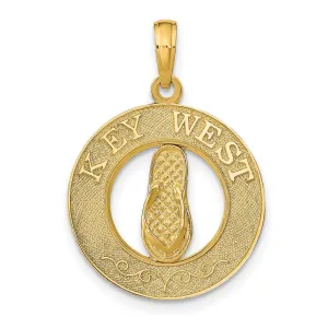 Key West Words with Flip Flop Sandal in Round Penny Size Charm Pendant in Real 14k Yellow Gold