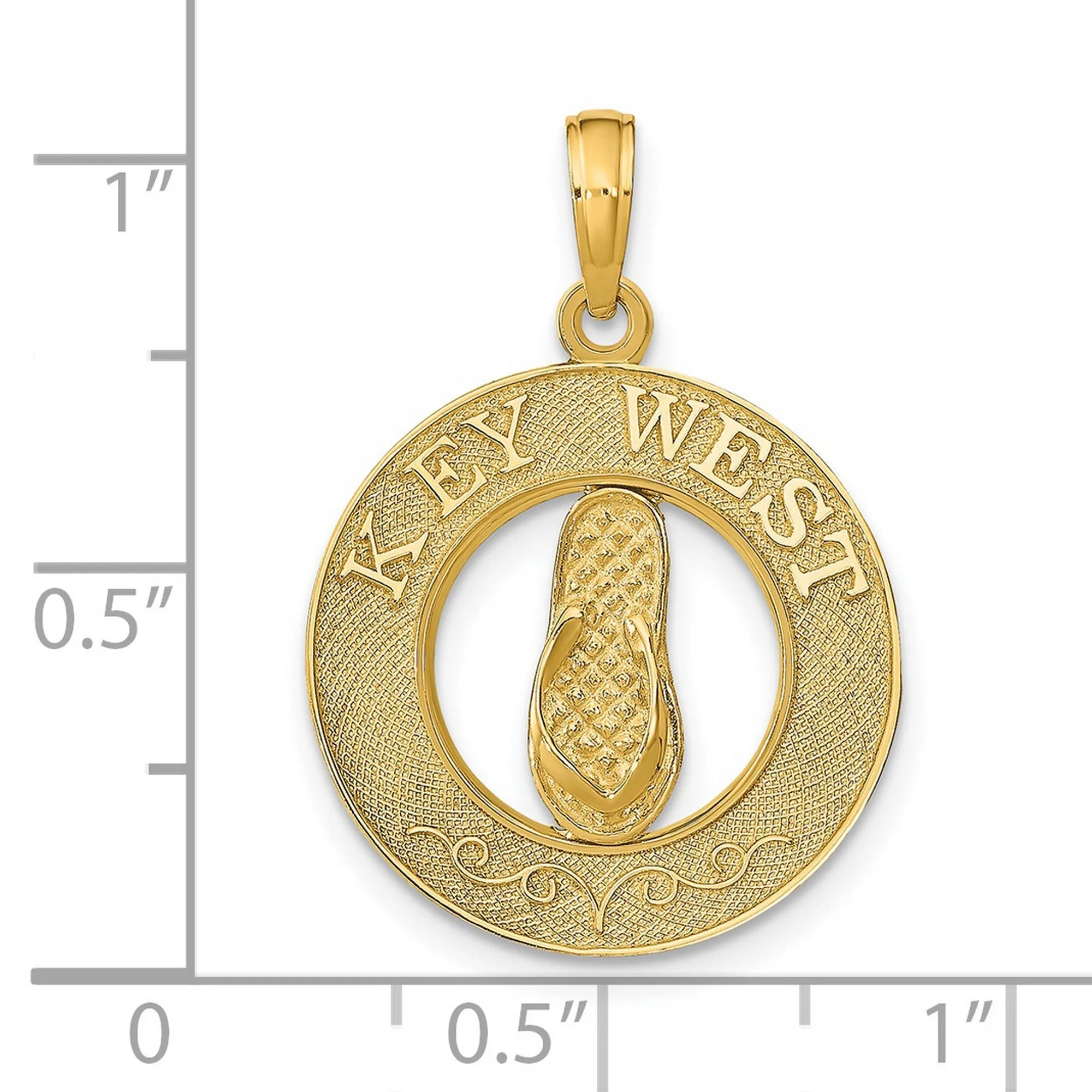 Key West Words with Flip Flop Sandal in Round Penny Size Charm Pendant in Real 14k Yellow Gold