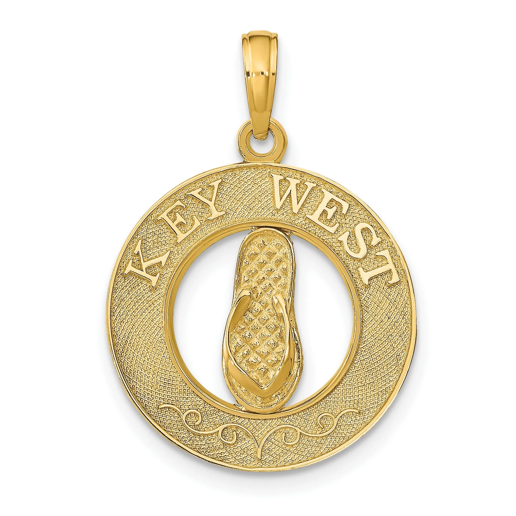 Key West Words with Flip Flop Sandal in Round Penny Size Charm Pendant in Real 14k Yellow Gold