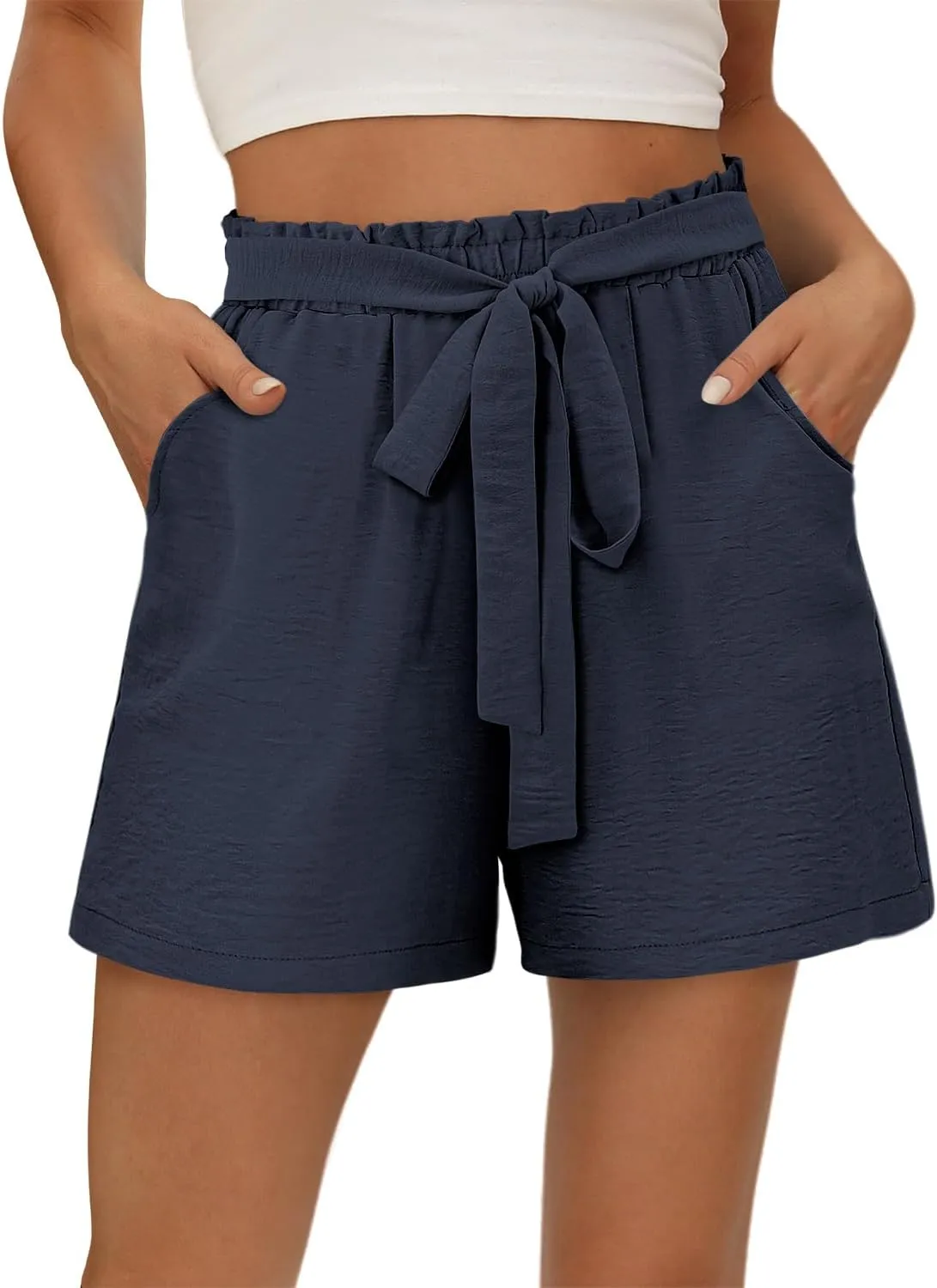 KISSMODA Womens Summer Shorts with Pockets Lightweight High Waisted Adjustable Tie Knot Loose Casual Short