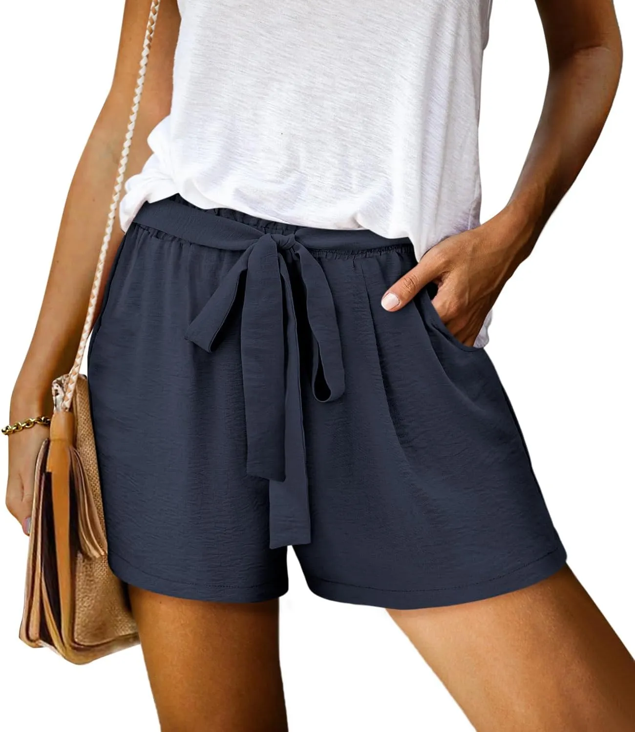 KISSMODA Womens Summer Shorts with Pockets Lightweight High Waisted Adjustable Tie Knot Loose Casual Short