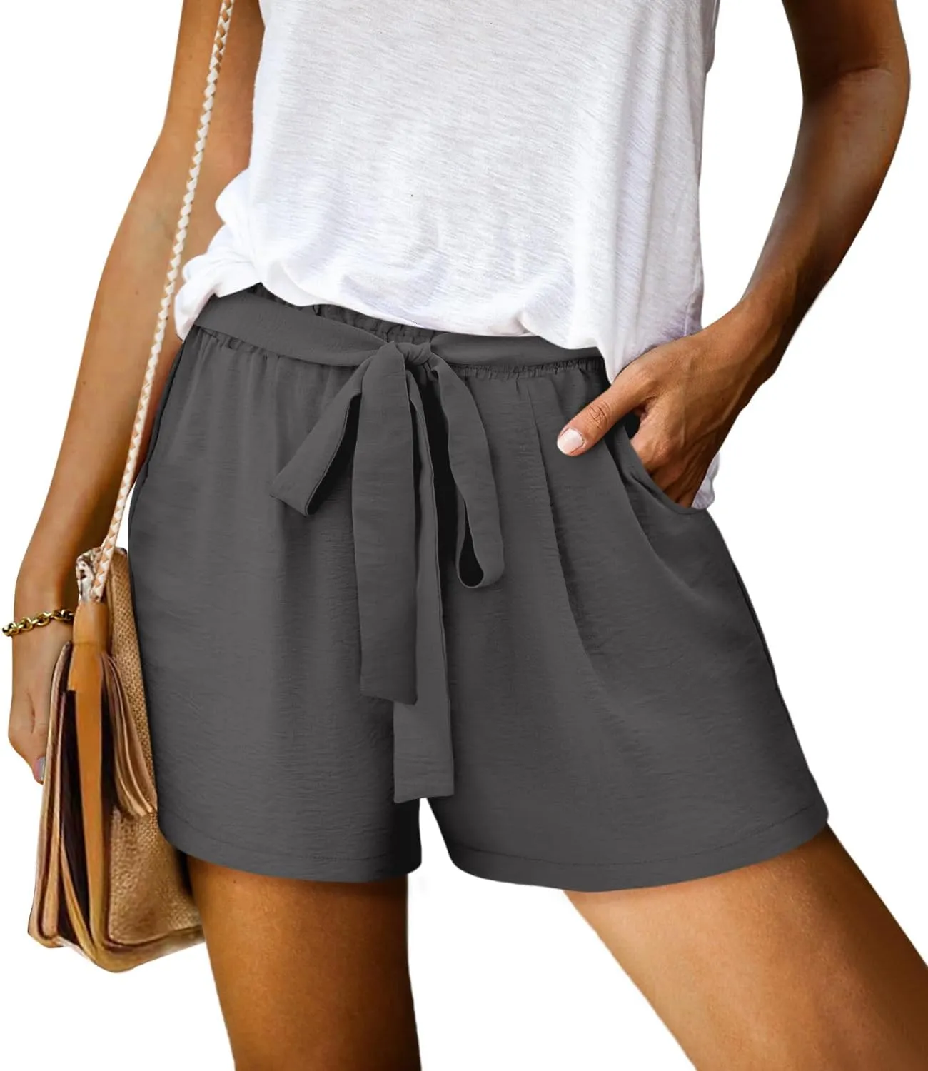 KISSMODA Womens Summer Shorts with Pockets Lightweight High Waisted Adjustable Tie Knot Loose Casual Short