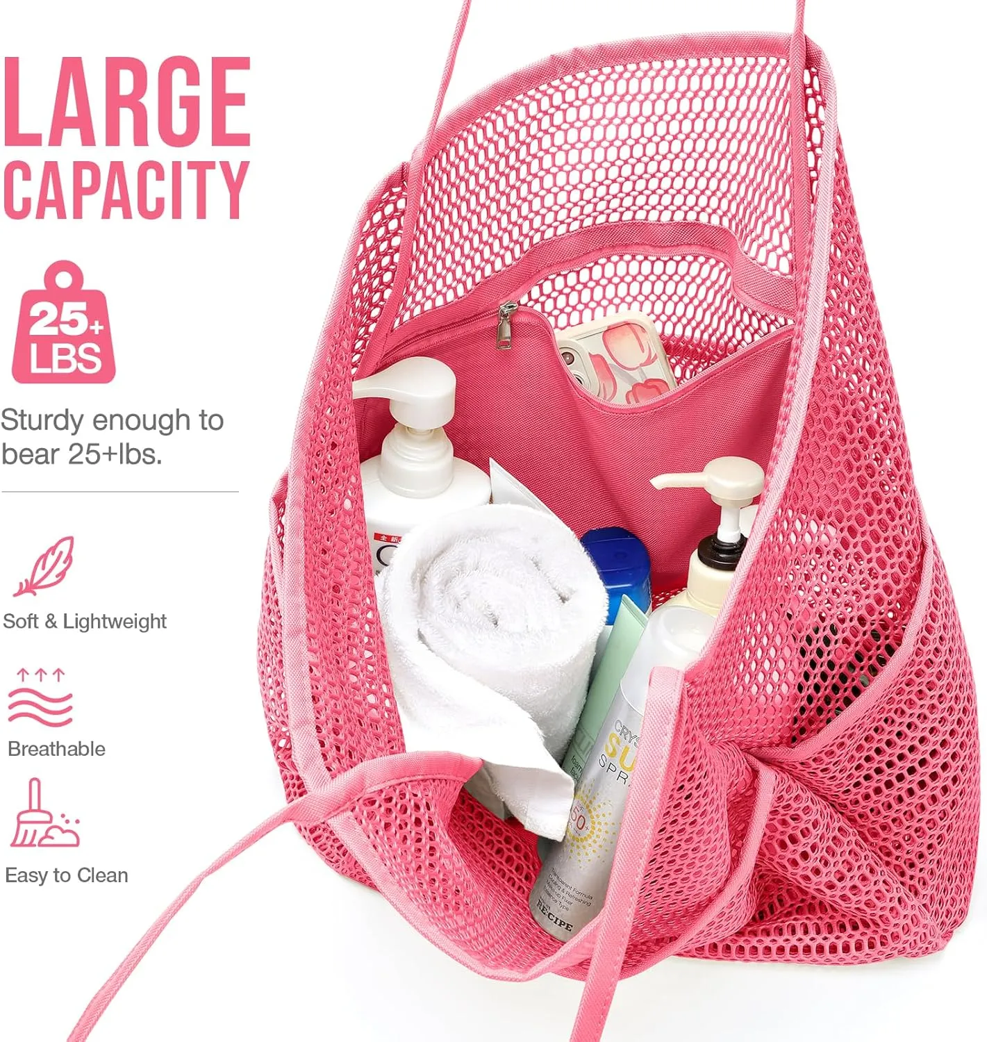 KPX Beach Bag with Mini Pocket, Beach Tote Bags for Women Large Foldable Mesh Swimming Pool Travel Bags - Sandproof