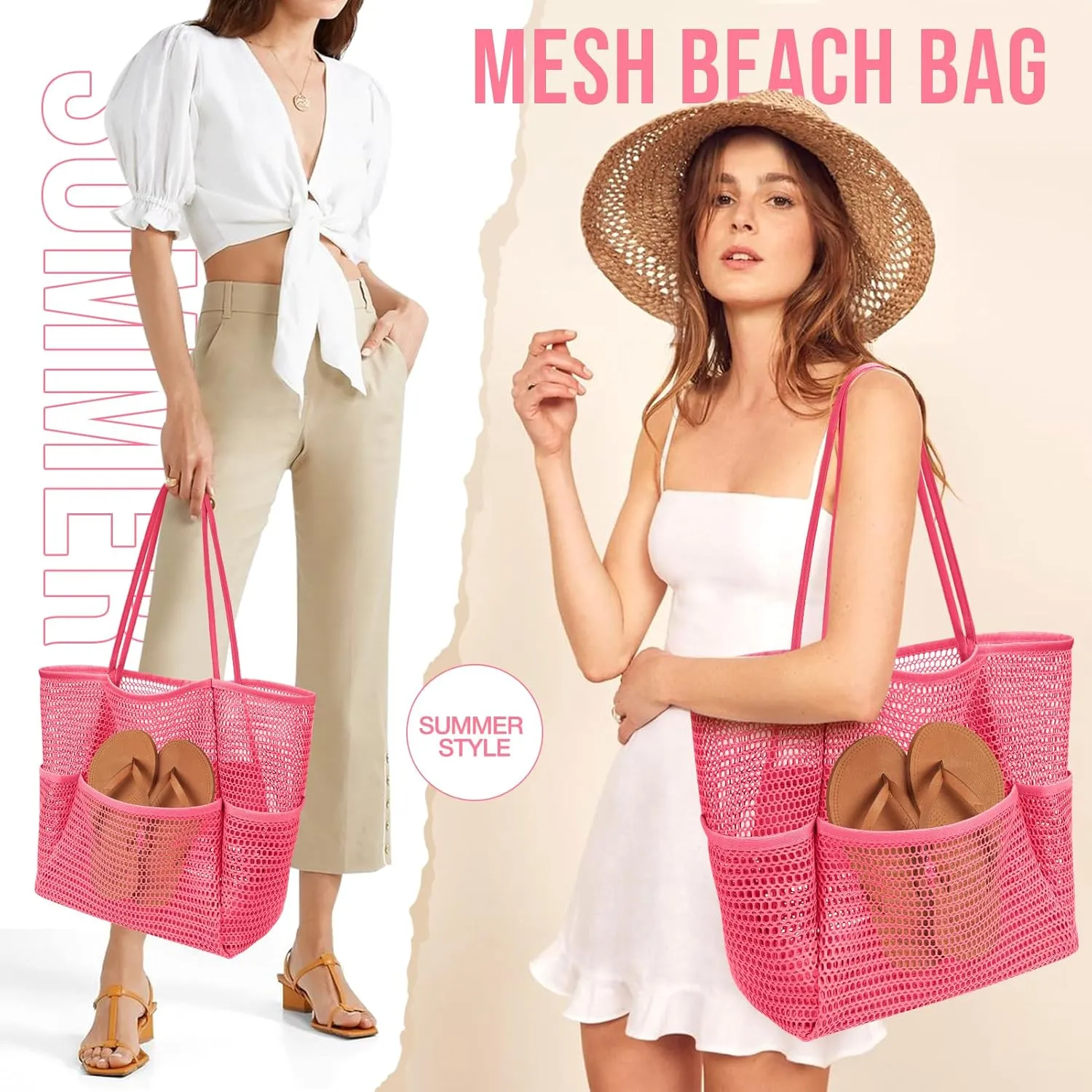 KPX Beach Bag with Mini Pocket, Beach Tote Bags for Women Large Foldable Mesh Swimming Pool Travel Bags - Sandproof